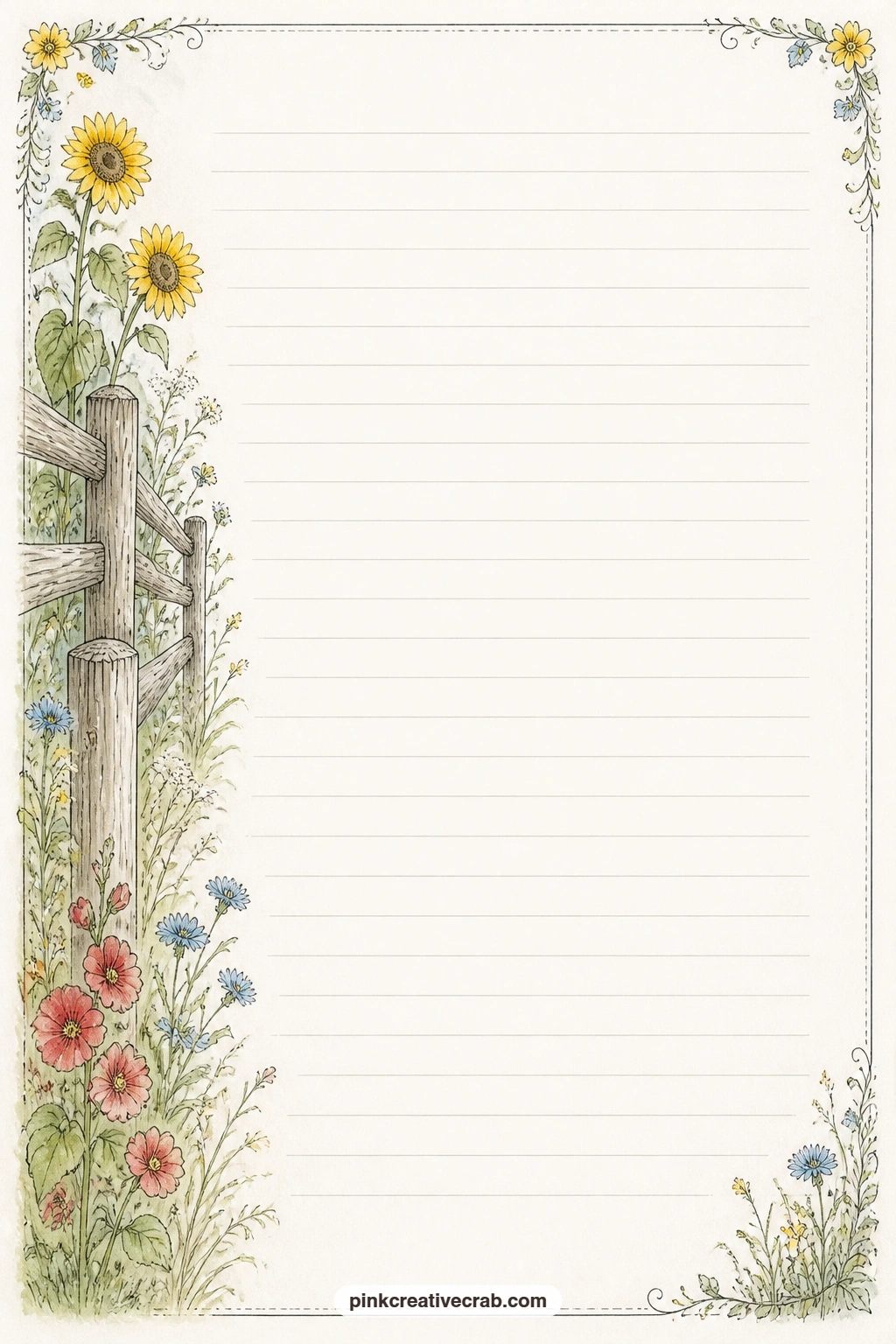Split Rail Fence Border Lined Page printable page — Write a simple farm menu down this page, a few lines about the weather this week, or notes for a visitor on