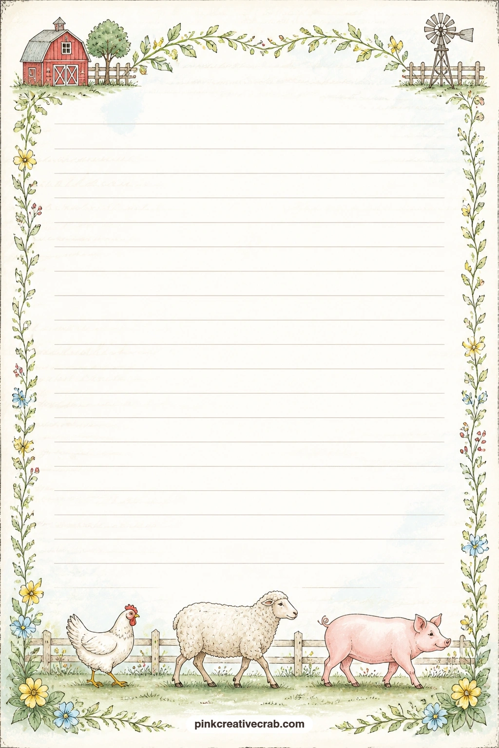 Farm Animals Parade Bottom Lined Page printable page — Keep a short parade of hens, sheep and a pig along the base of the page while you write a list of names