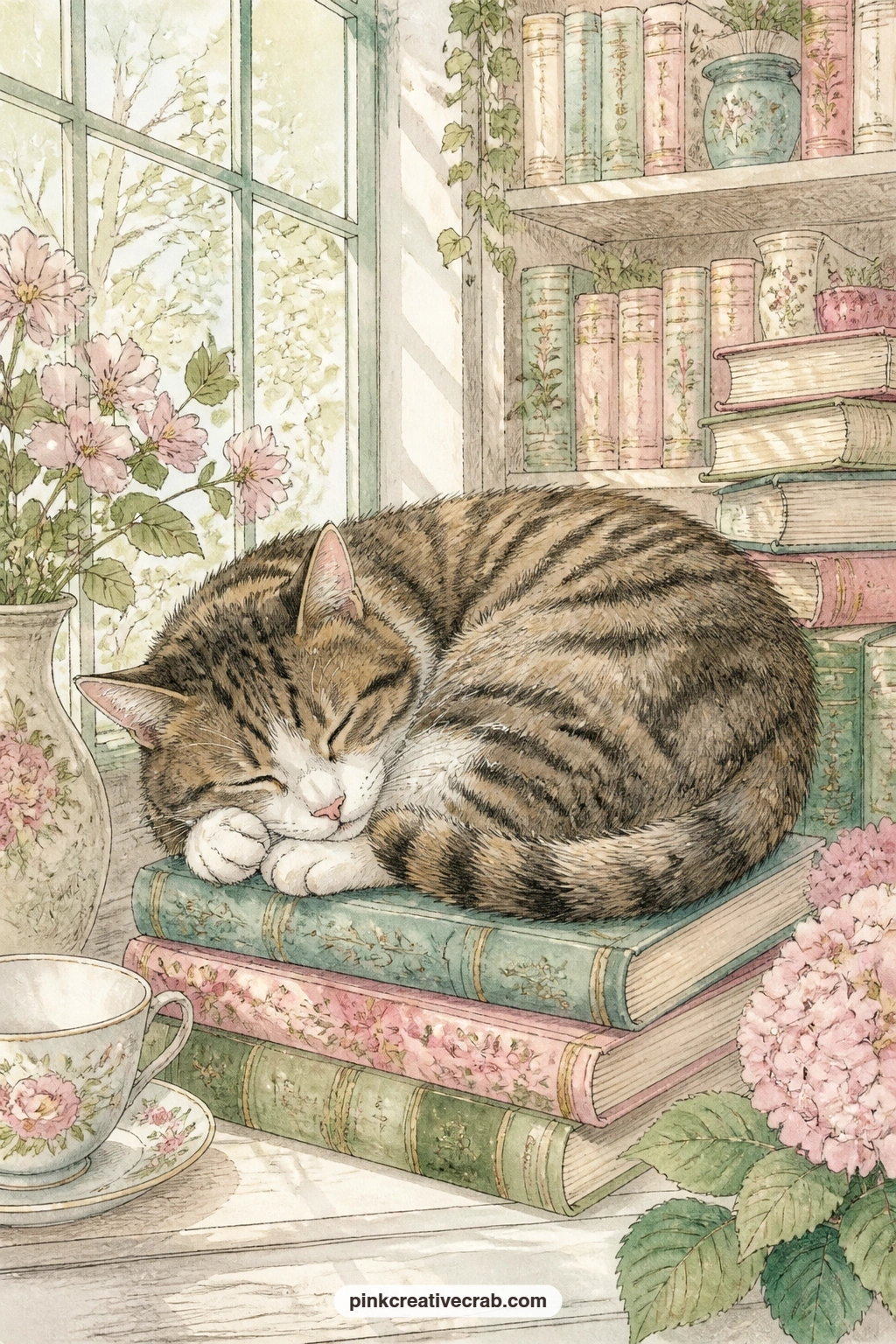 Sleeping Shop Cat printable page — Pair this page with the coffee cups and croissants background from this set, using the pattern as a facing page so the cat's