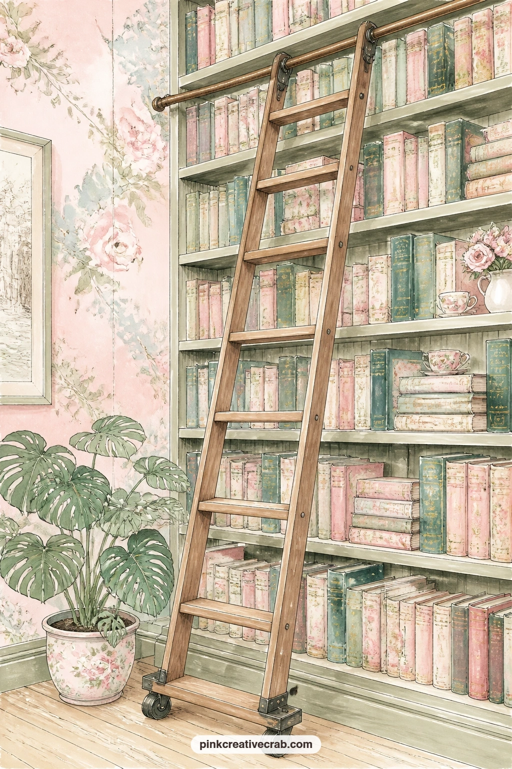 Rolling Shelf Ladder printable page — The usual mistake with a shelf page like this is leaving the ladder floating with nothing around it, so the shelves look