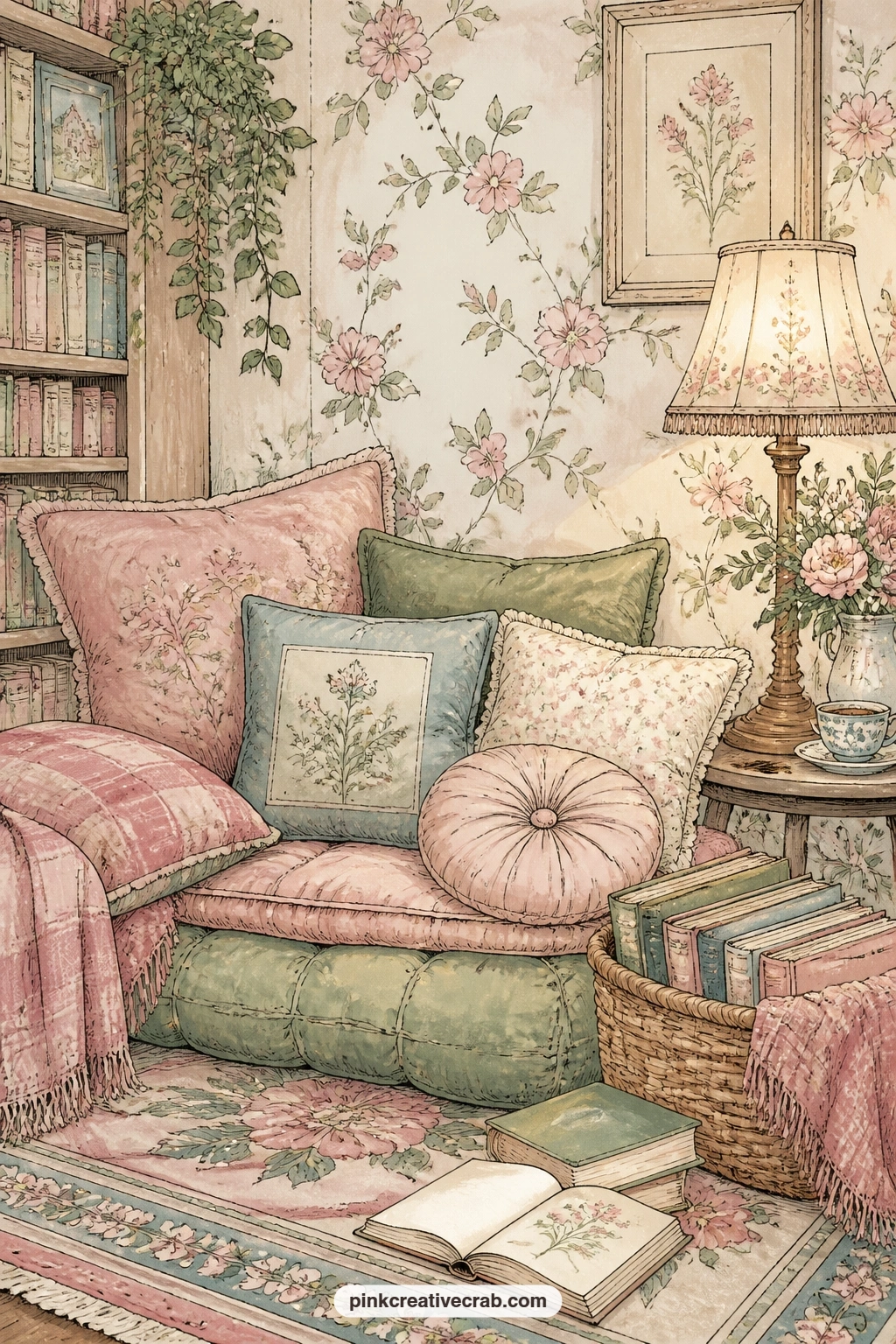 Cushioned Reading Nook printable page — Tea-stain just the edge of this page before gluing it in, so the nook looks softened by years of afternoons spent