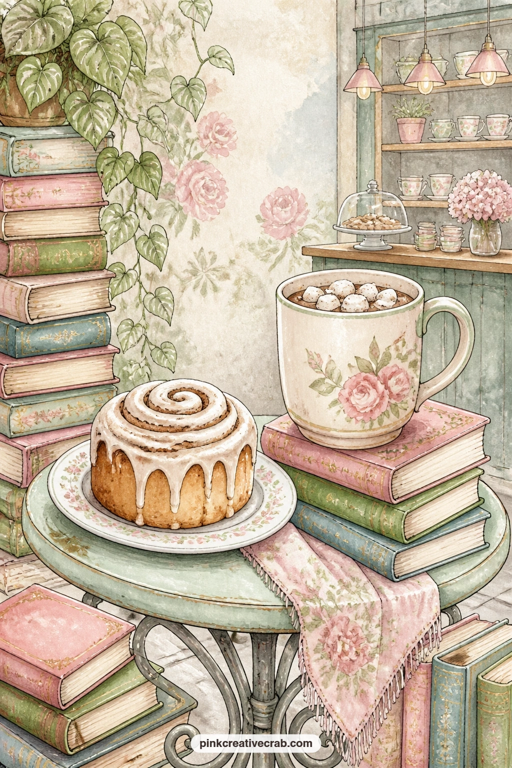 Cinnamon Roll And Hot Chocolate printable page — Glue in a paper napkin or a folded sugar packet here, something small that smells faintly of the cafe you are
