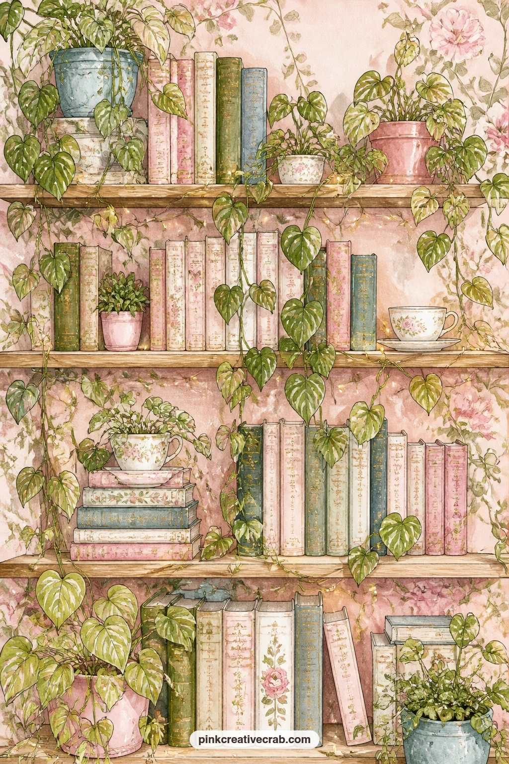 Shelves With Trailing Pothos printable page — Write a short list of the plants you would keep on a bookshop shelf if it were yours, beside the fairy lights