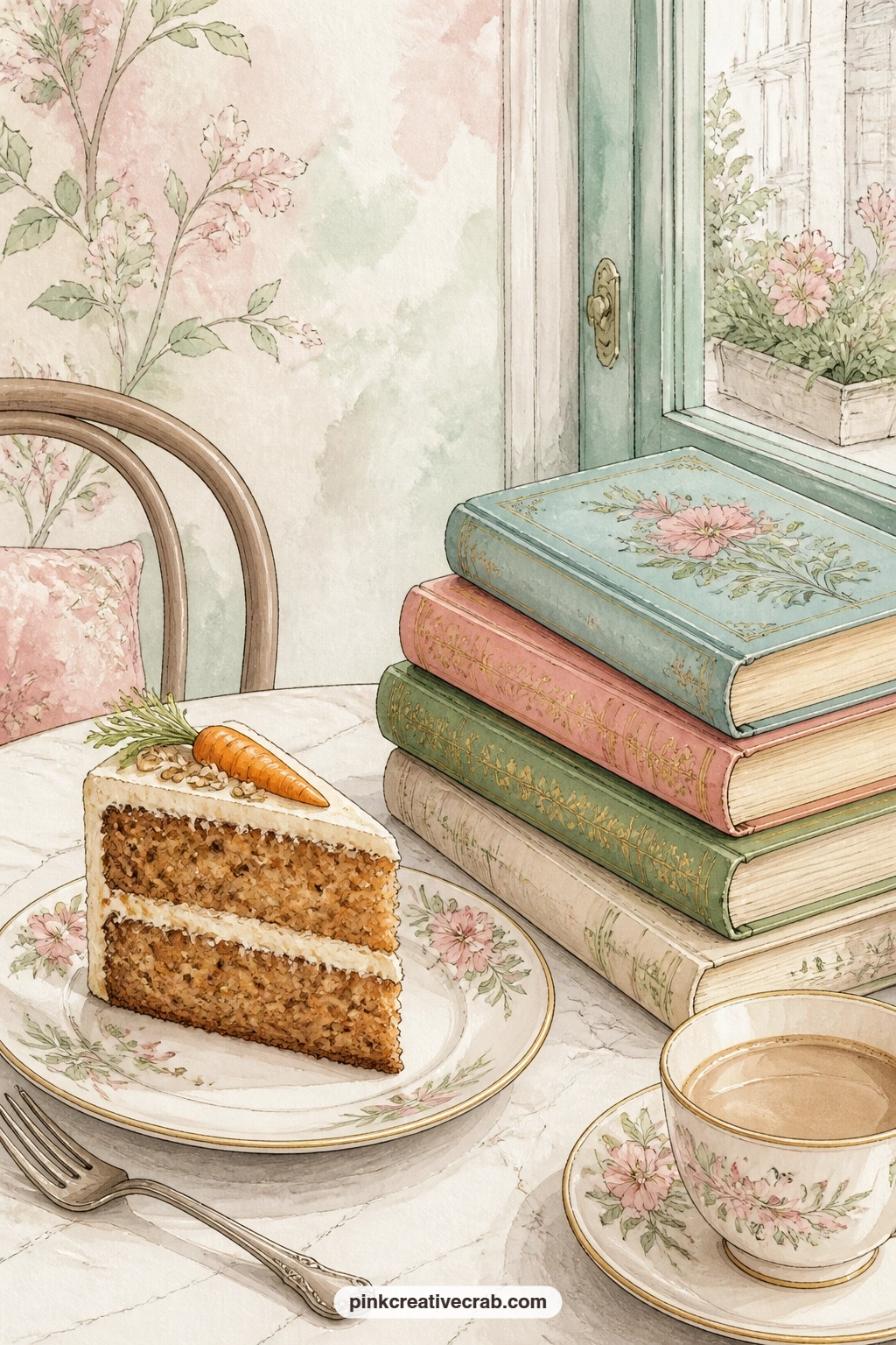 Carrot Cake With Novels printable page — The usual slip with a cafe table page is crowding it with too many tiny crumbs and cups, which makes the slice of cake