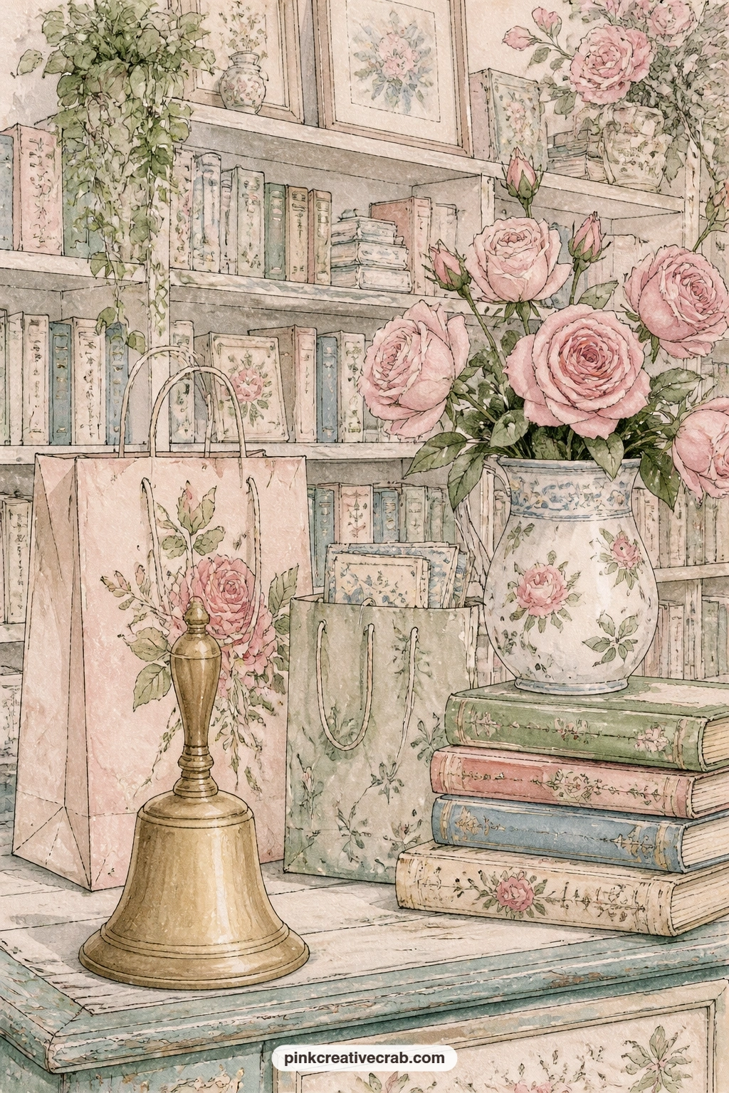 Brass Bell And Roses printable page — Jot the sound you imagine this bell makes, or the first line you would say to a customer walking through the door with