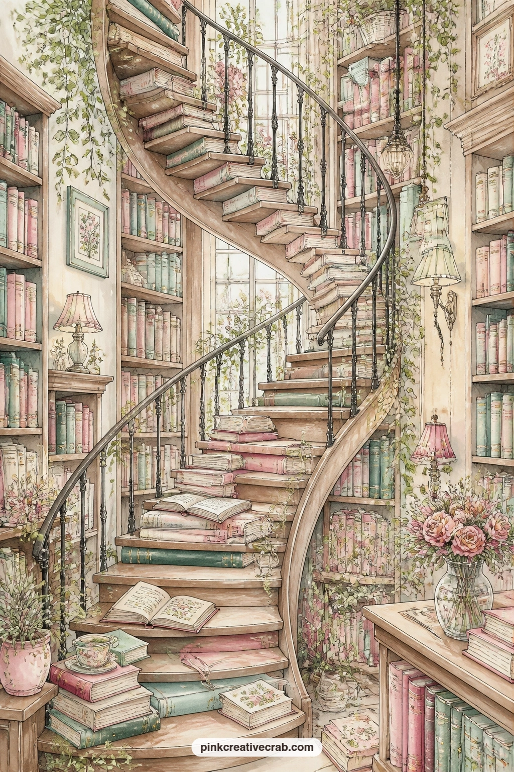 Spiral Staircase Of Books printable page — Five minutes is enough for the staircase and a few books on the lower steps, then come back later to fill every step
