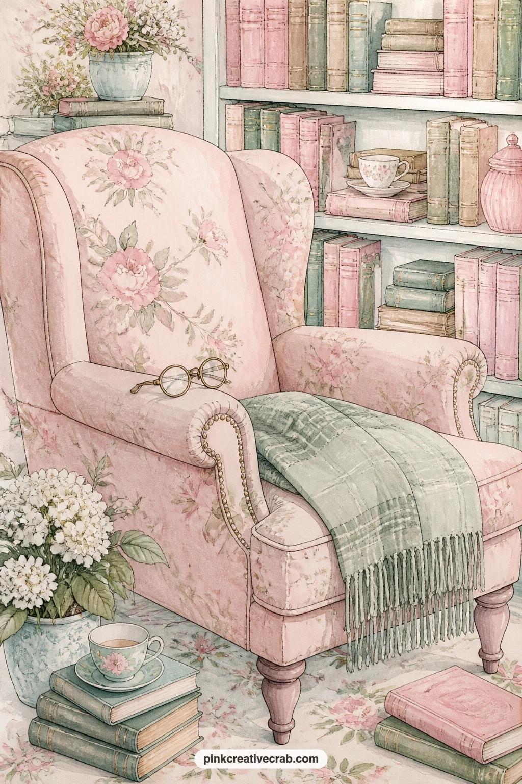 Reader's Armchair And Glasses printable page — Pair this page with the lined cat and teacup page later in this set, using the armchair as the quiet half of a