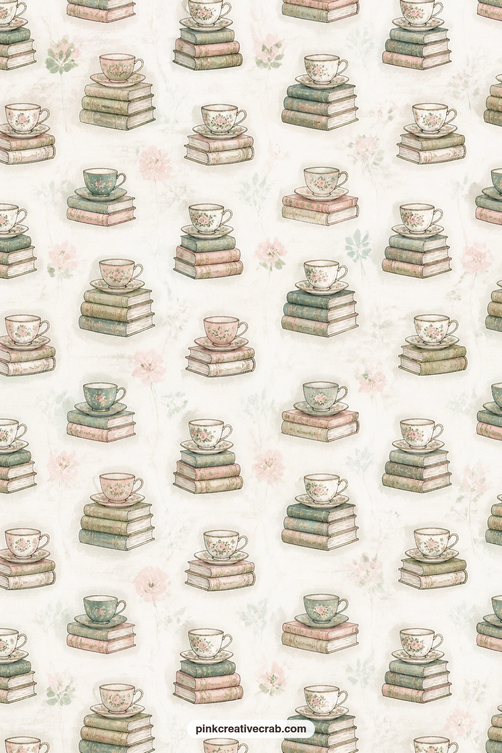 Stacked Books And Teacups Pattern printable page — Use this pattern under a photo from a real bookshop visit, as the lining for a pocket page, or as the cover