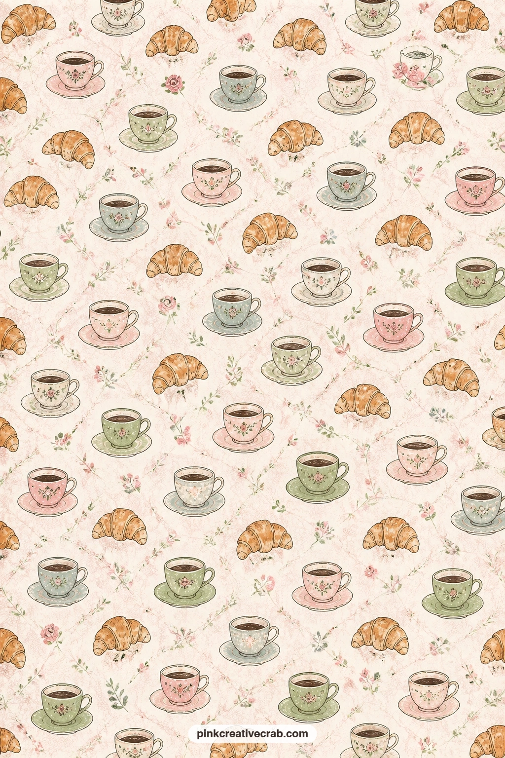 Coffee Cups And Croissants Pattern printable page — Set this behind the heart foam latte page for a matching spread, use it as a pocket lining, or wrap it