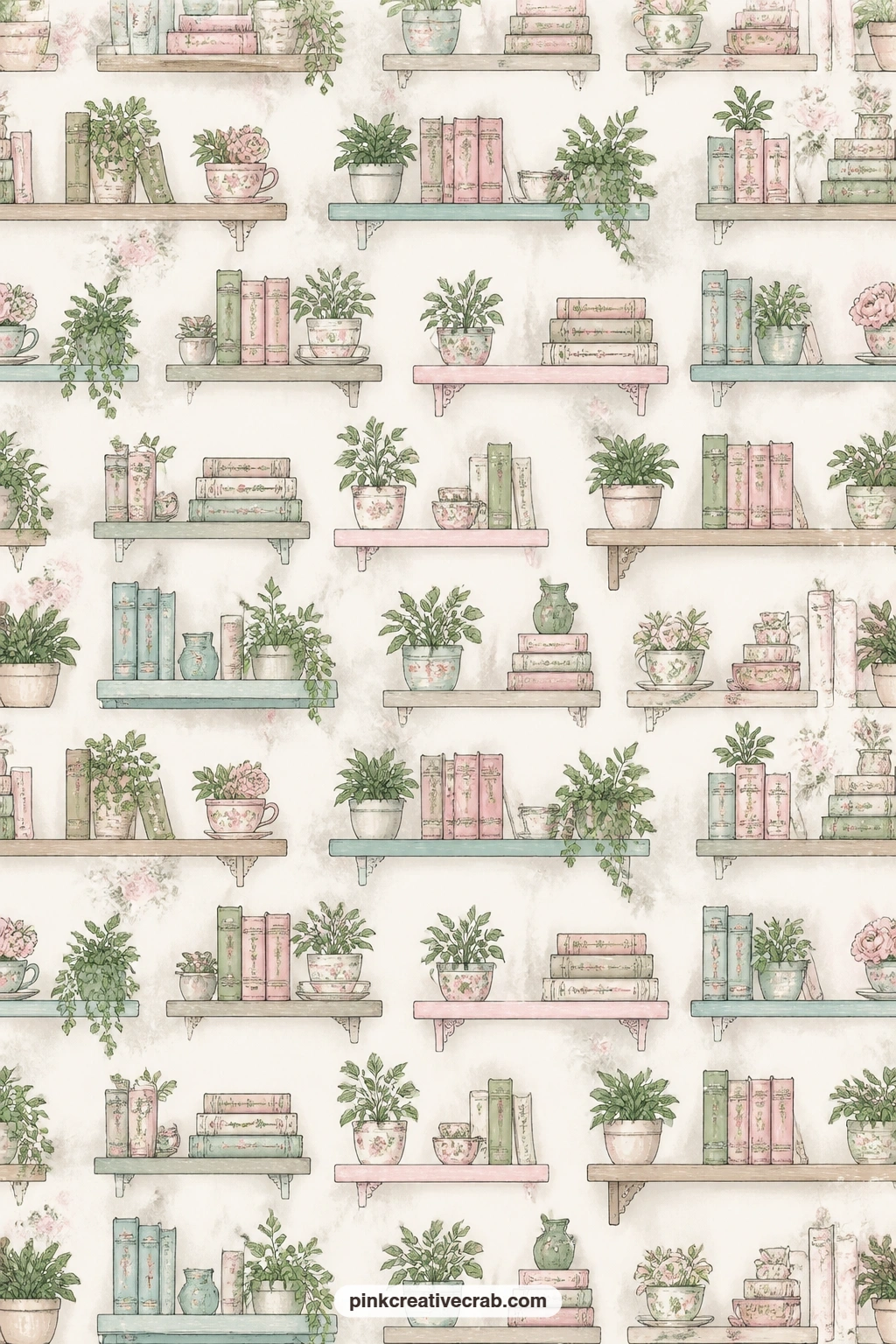 Bookshelves And Potted Plants Background printable page — Try this behind the rolling ladder scene, as a cover wrap, or cut into tabs for dividing the journal