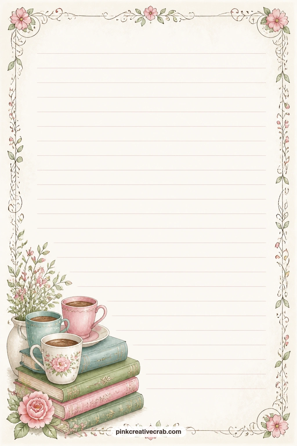 Coffee Cup And Books Corner Lined Page printable page — Write a short letter to next year here, a cafe order you always come back to, or the opening line of a