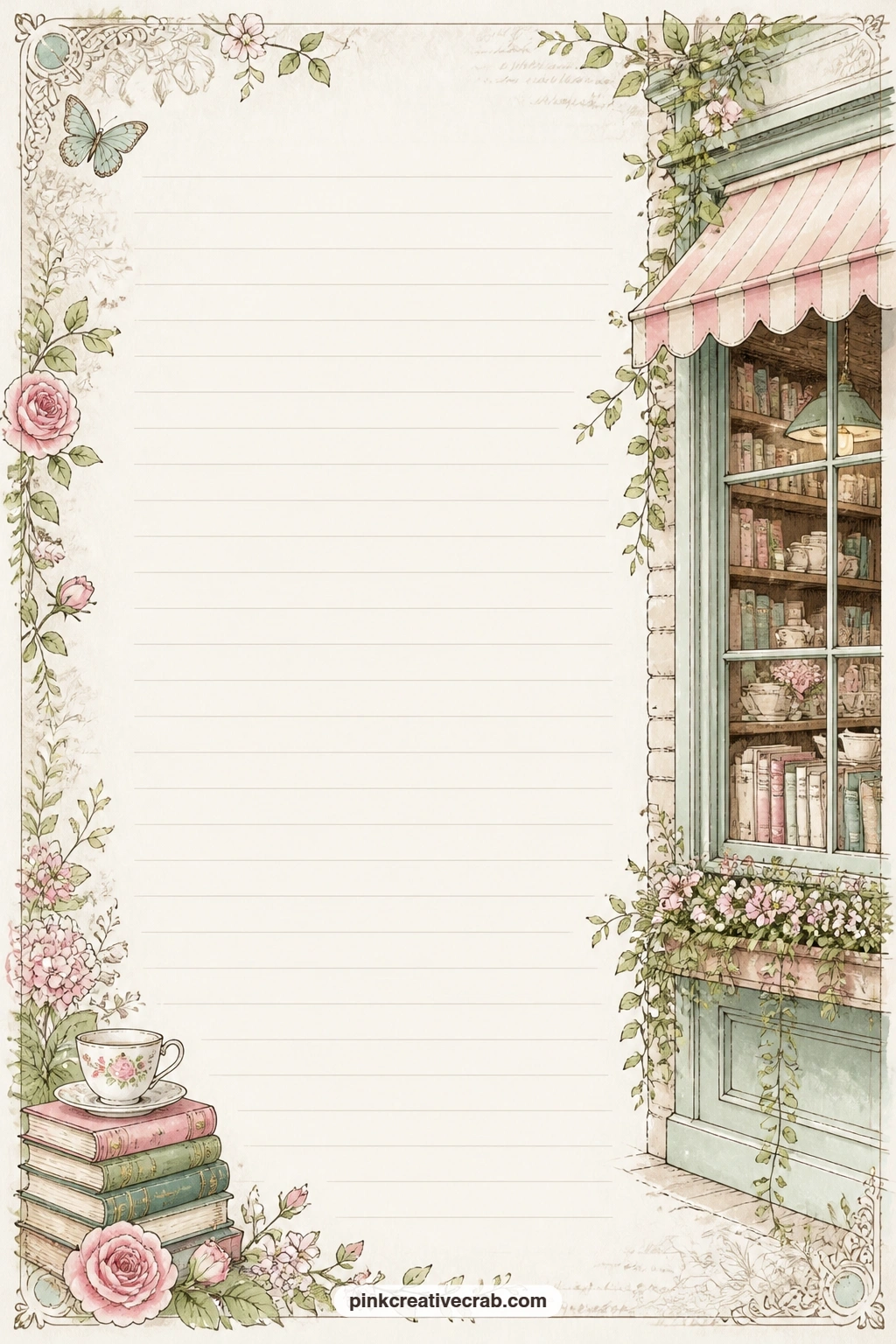 Bookshop Cafe Window Lined Page printable page — Try a gift list for the reader in your life, a menu for your own imagined cafe, or a short note about the last