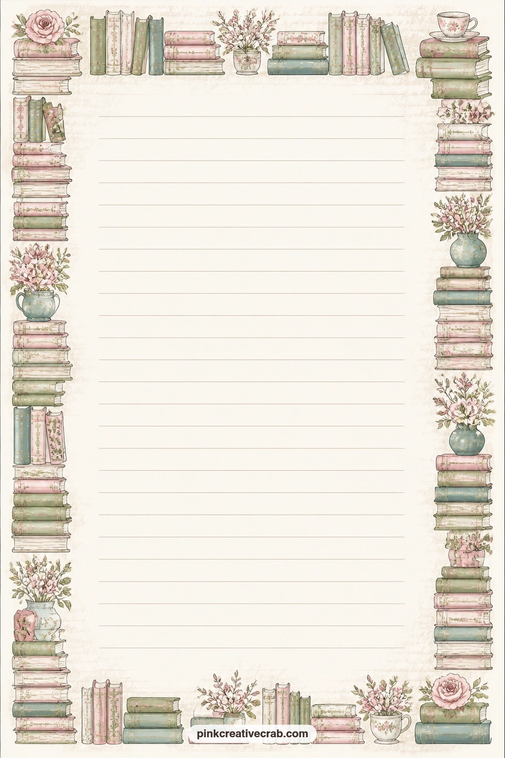 Stacked Books Frame Lined Page printable page — Use the space for a reading list for the season ahead, a note to the friend who lent you a favourite book, or a