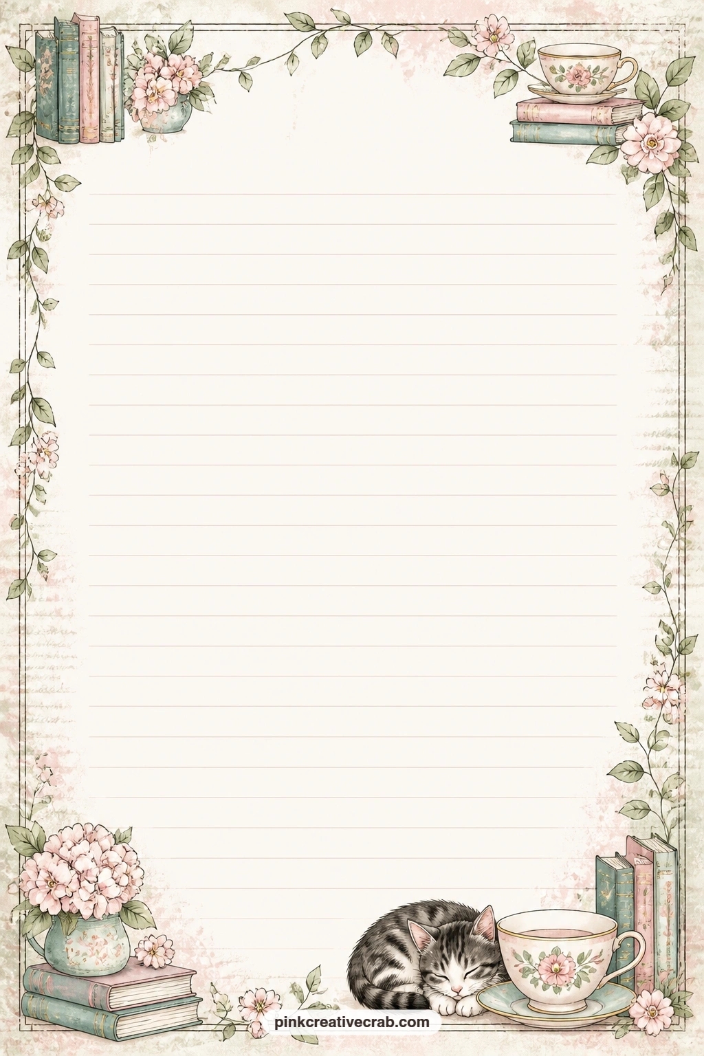 Bookshop Cat And Teacup Lined Page printable page — Write a letter to your future self about the book you are reading now, a wish list for the shop cat, or a