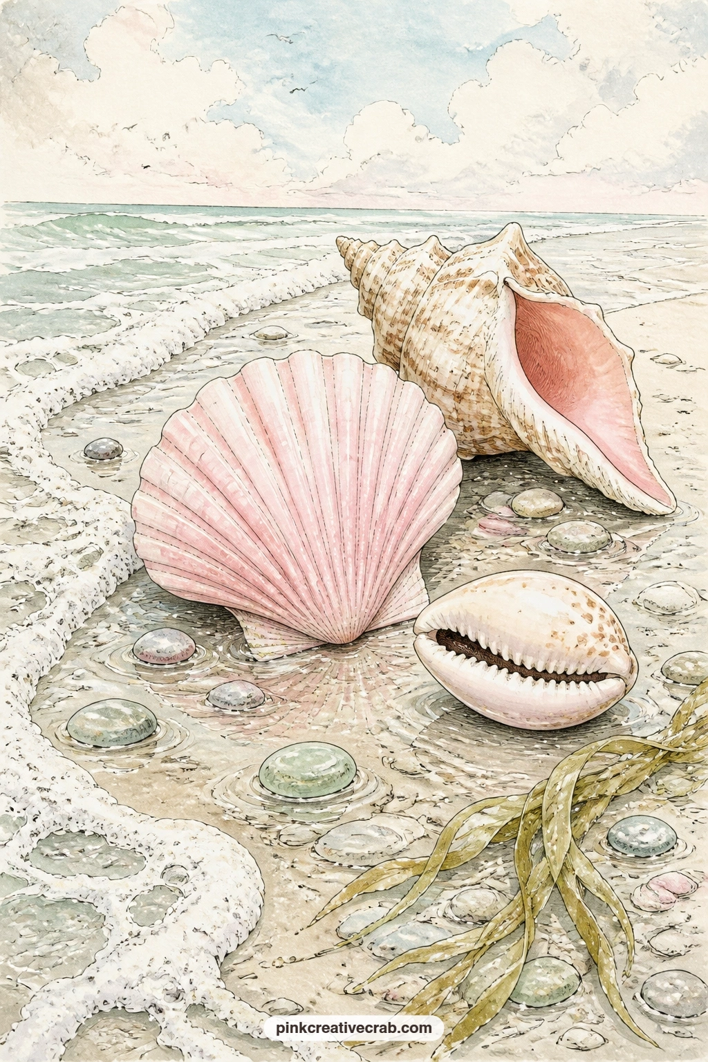 Shells On Wet Sand printable page — Scallop, conch and cowrie shells scattered across wet sand with sea foam curling around them make a natural opening page
