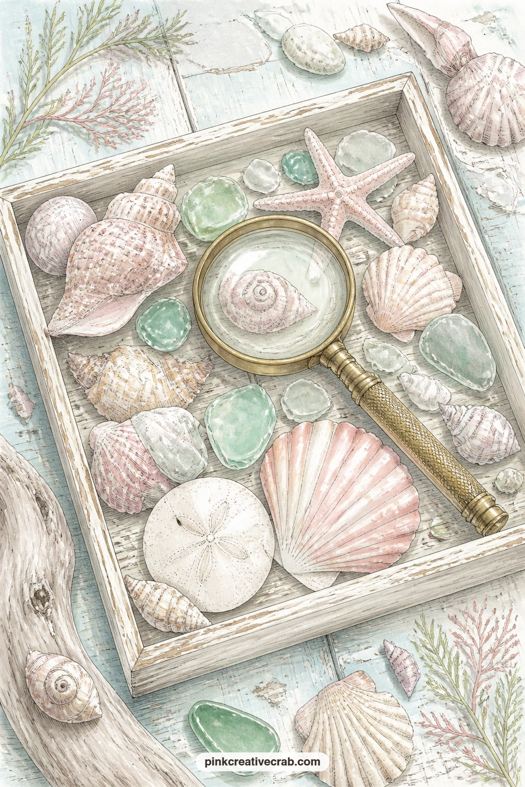 Tray Of Beach Treasures printable page — Pair this one with the sand dollar and sea glass scatter background further in the set, using it as a facing page so
