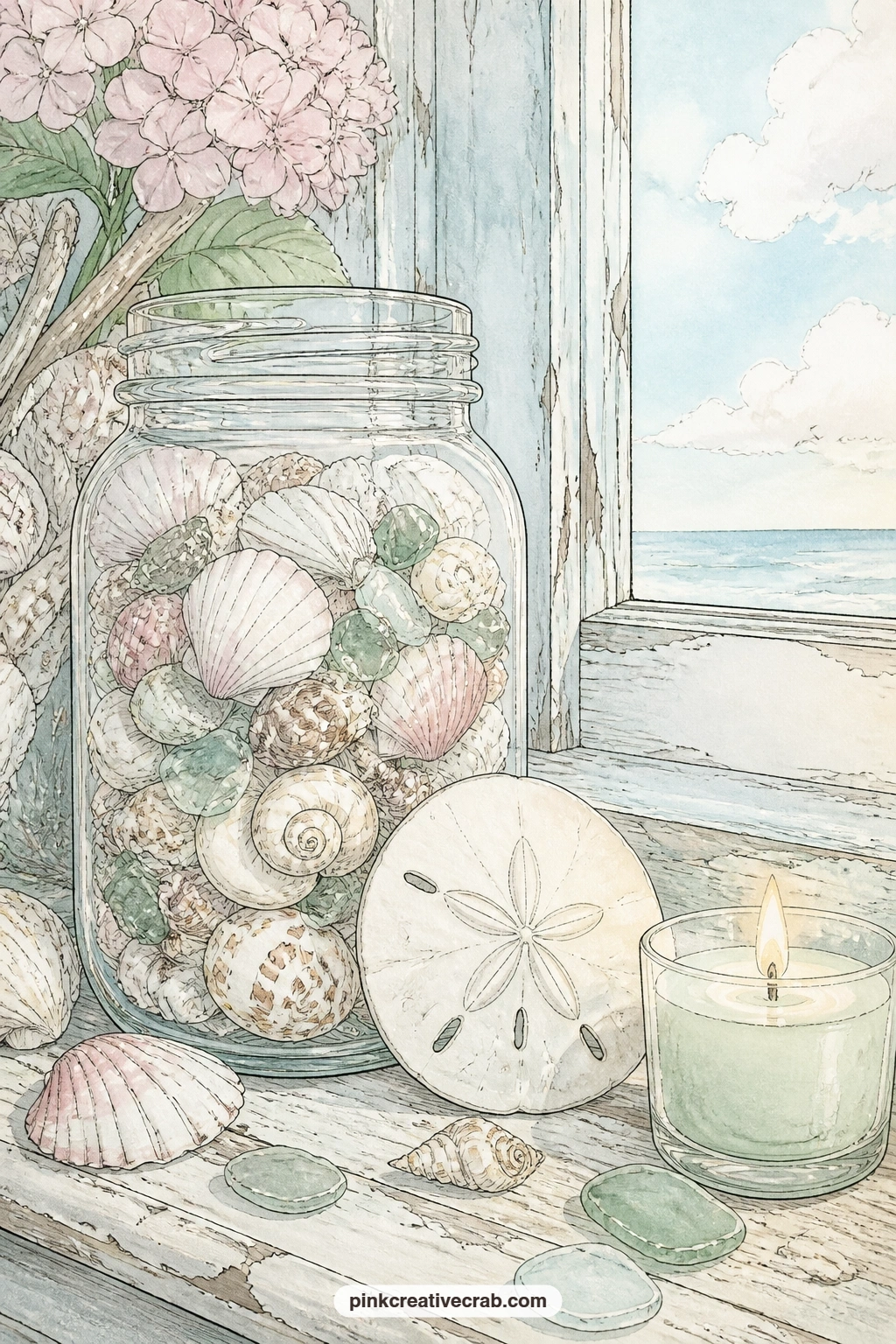 Windowsill Jar Of Shells printable page — A beach cottage windowsill holding a jar of shells, a sand dollar and a lit candle makes a quiet, cosy page, the kind