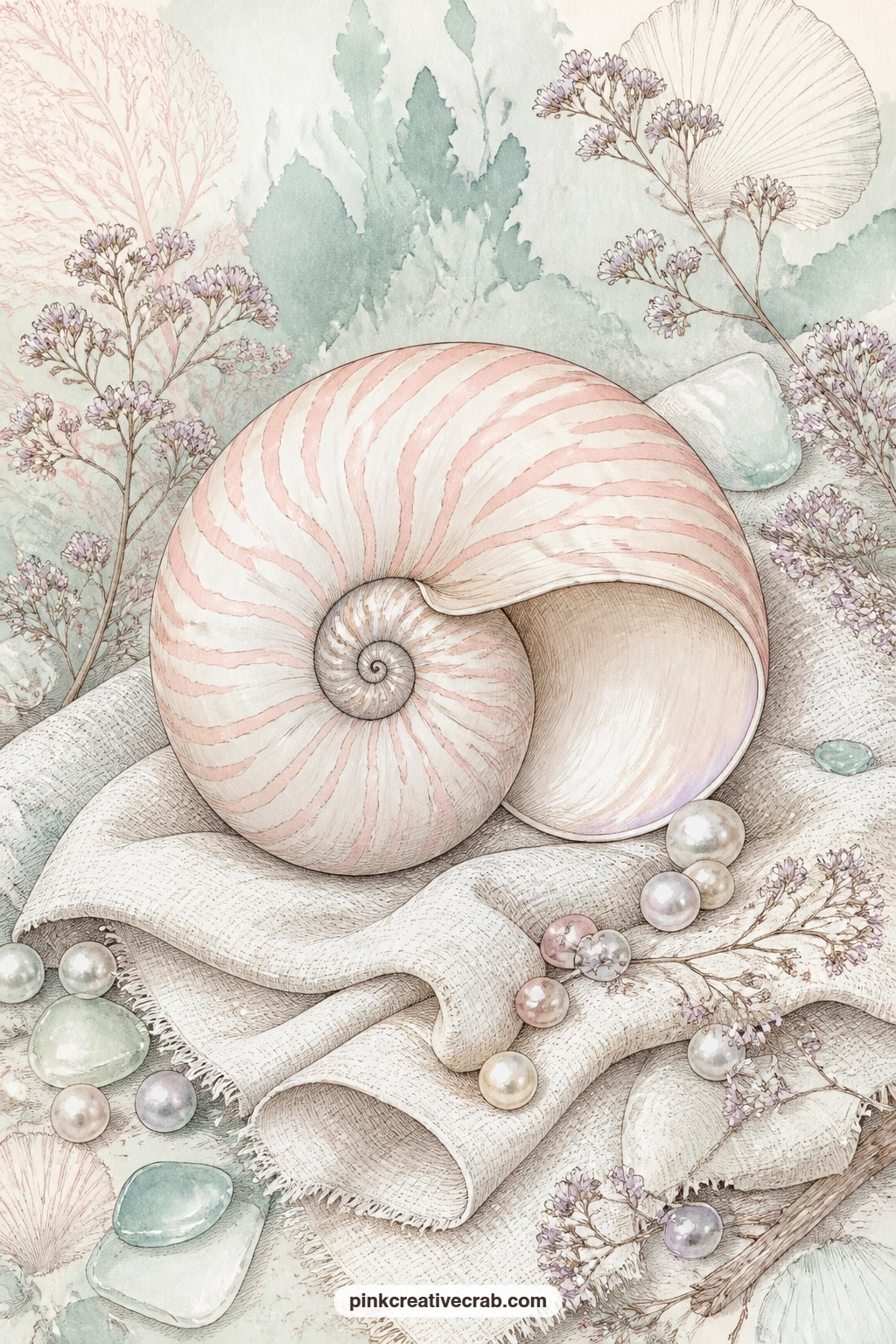 Nautilus On Linen printable page — Try the five minute version of this one: sketch just the nautilus shell quickly, add a pearl or two by hand and skip the