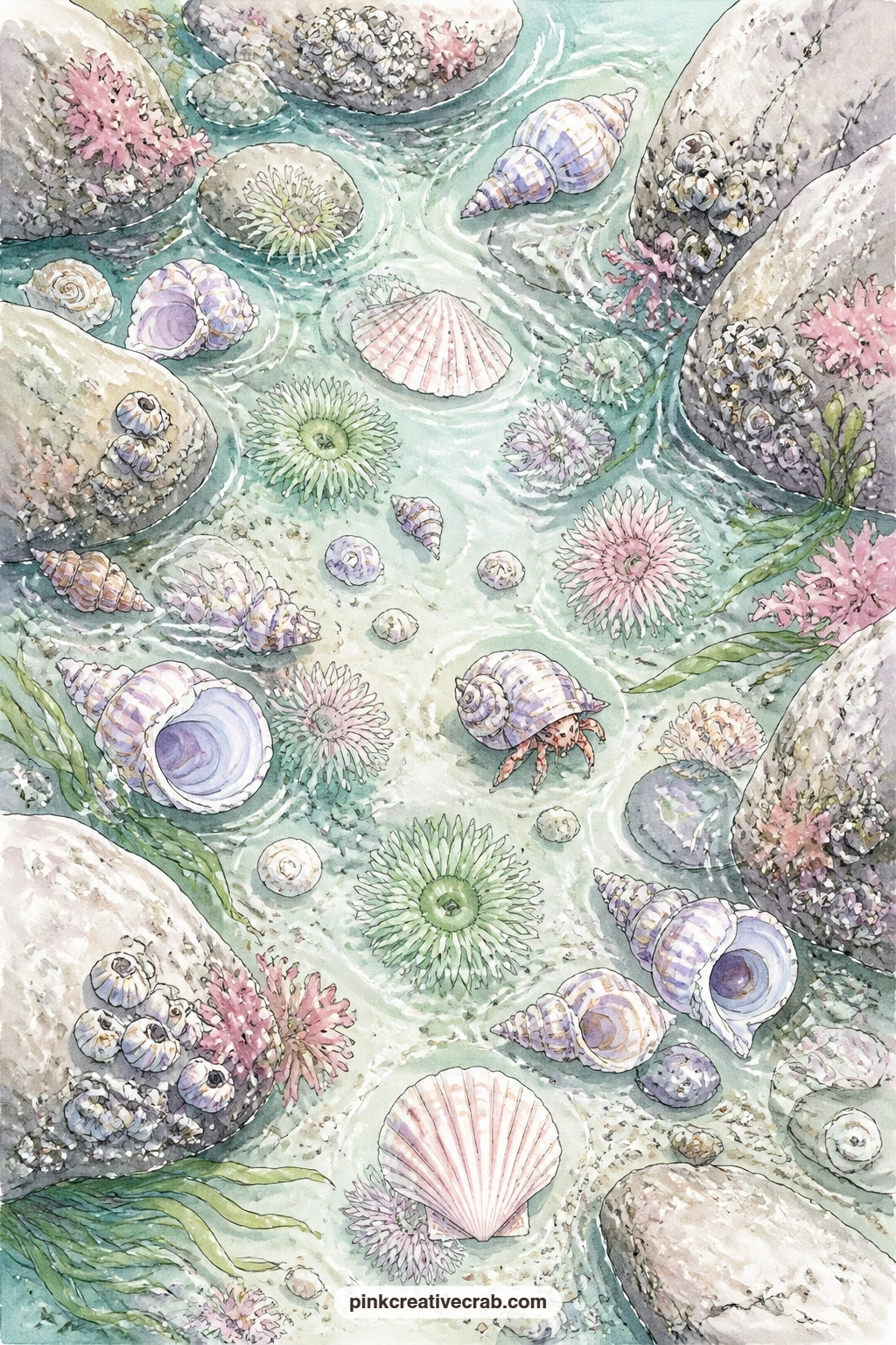 Tide Pool Creatures printable page — The usual mistake with a tide pool page is crowding it with too many creatures at once, so keep the periwinkles, anemones