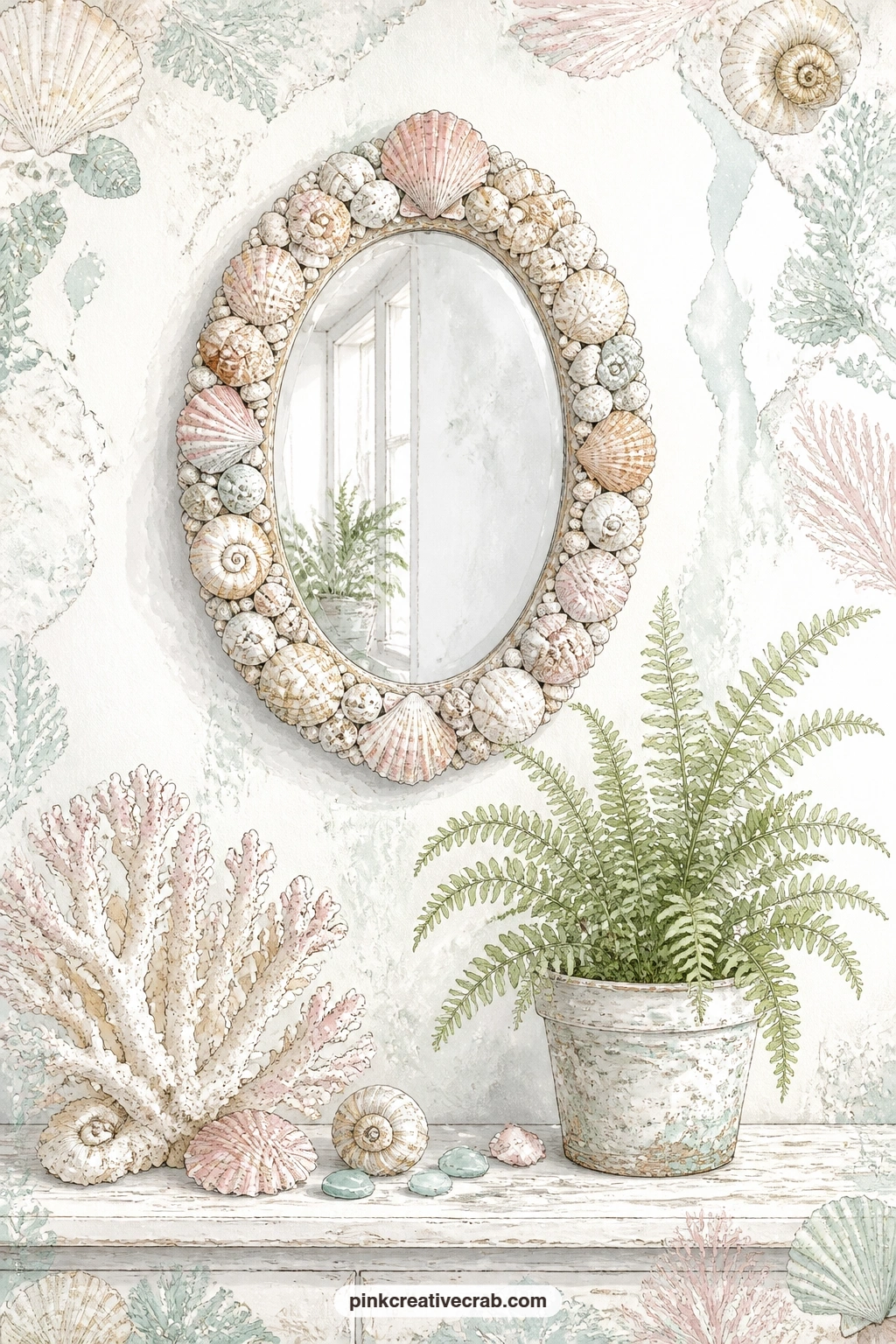 Shell Mirror On White Wall printable page — A shell-covered vintage mirror hung on a white wall with a piece of coral and a small fern beside it suits a page