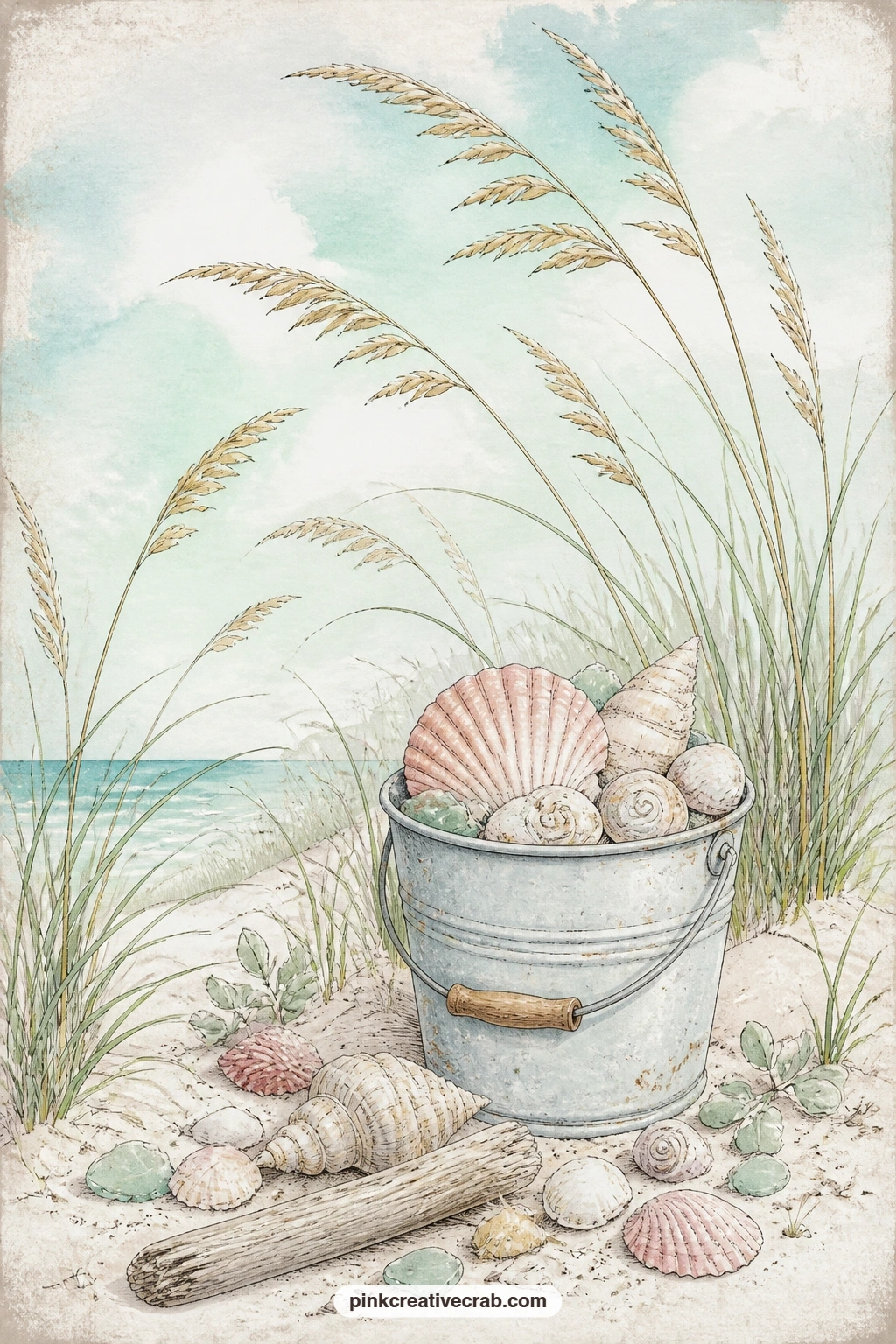 Child's Bucket Of Shells printable page — This page suits a gift journal made for a daughter or granddaughter, since a child's bucket of shells on a sandy dune