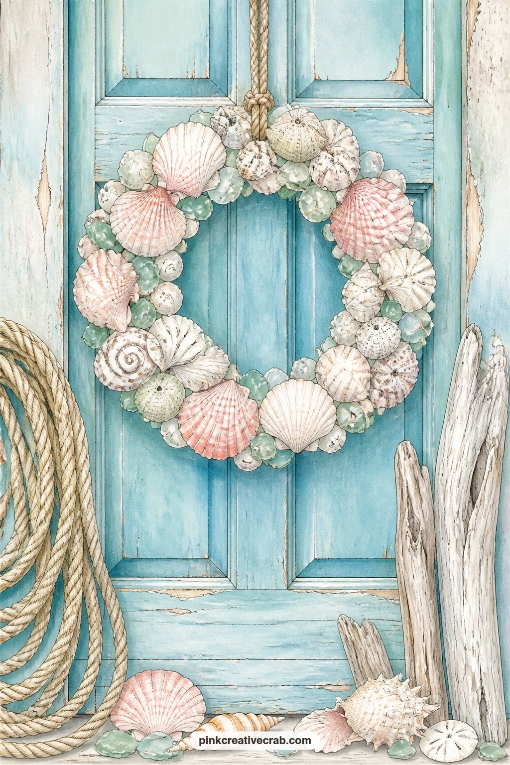 Shell Wreath On Blue Door printable page — A seashell wreath hung on a blue cottage door, framed with rope and a few pieces of driftwood, works well glued near