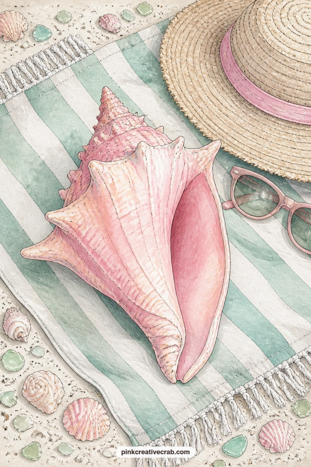 Pink Conch On Beach Towel printable page — Tuck a real ferry ticket, a sunscreen receipt or a postcard stub onto this page, since a pink conch resting on a