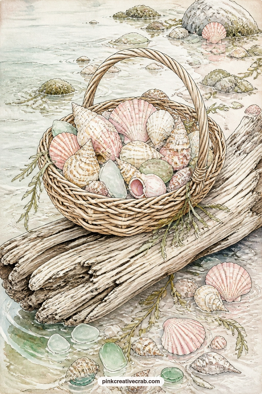 Gathering Basket At Low Tide printable page — Place this page in a spread beside the Shells On Wet Sand page from earlier in the set, letting the basket on its