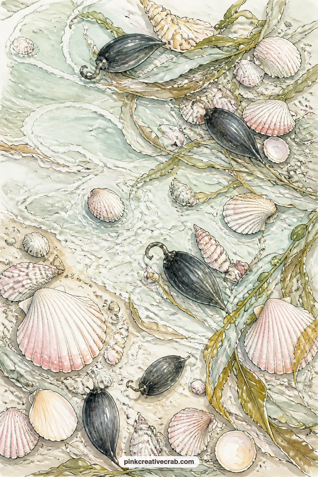 Mermaid's Purse Along The Tide Line printable page — Mermaid's purse egg cases, cockles and loose kelp strung along a shallow tide line make an unusual