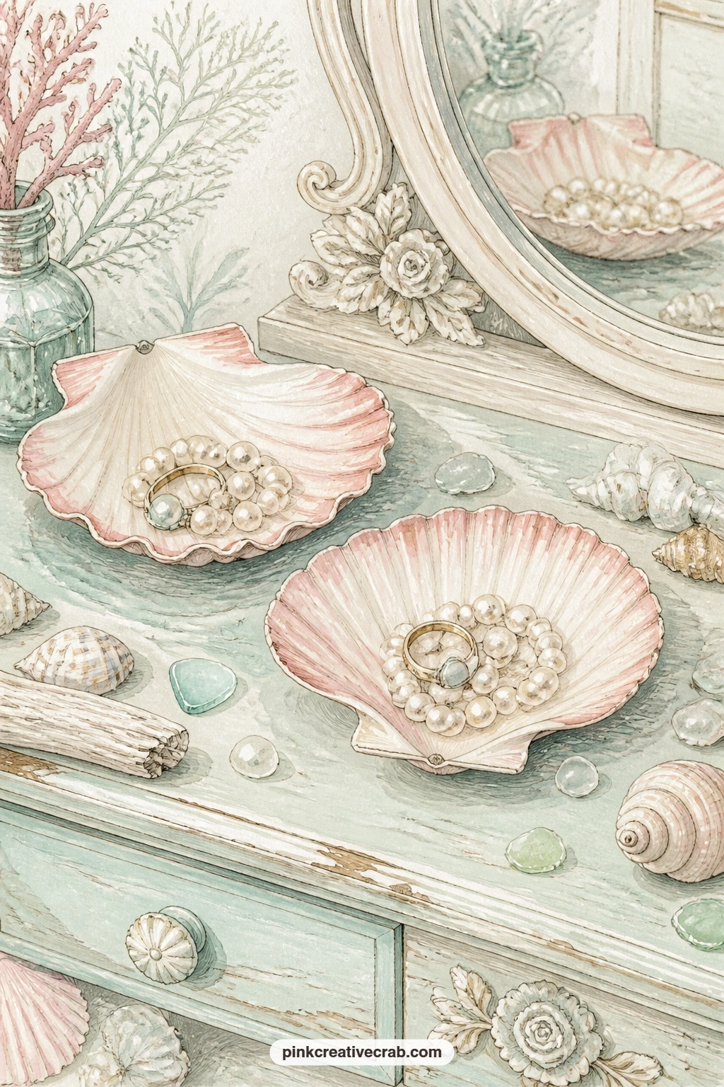 Scallop Dishes On A Vanity printable page — A pair of scallop shell dishes holding pearls and rings on a dressing table vanity turns a beach find into