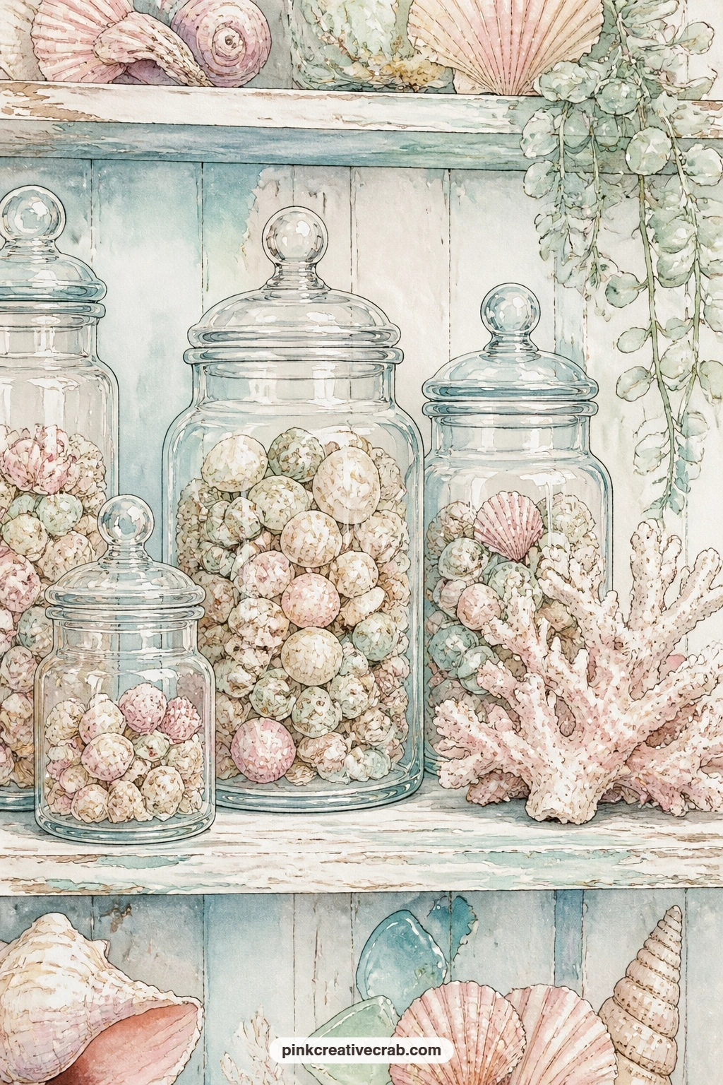 Apothecary Jars Of Tiny Shells printable page — Use this page as a shelf background for small photos, since a row of apothecary jars filled with tiny shells
