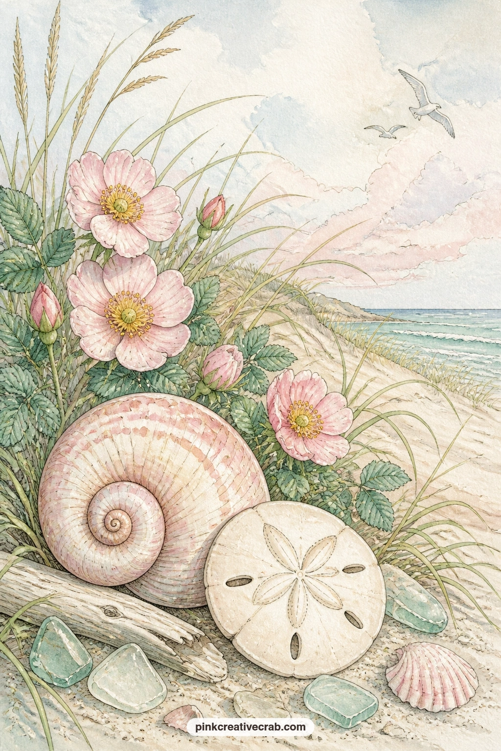 Moon Snail And Beach Roses printable page — A moon snail shell and a sand dollar rest beside blooming beach roses on a grassy dune, pairing a hard found object