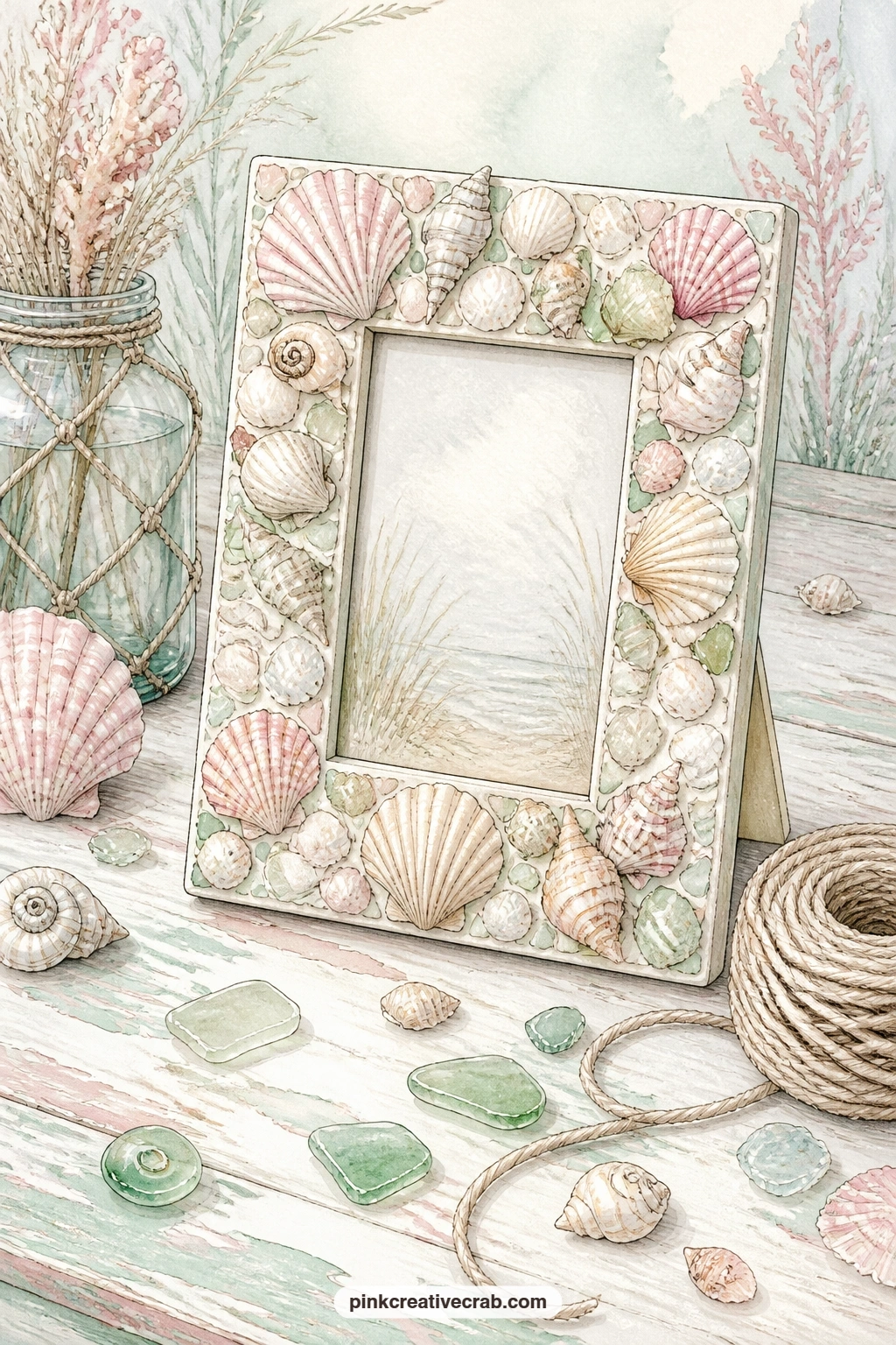 Shell Mosaic Picture Frame printable page — A shell mosaic picture frame standing on a table with scattered sea glass and a loop of twine nearby suits a page