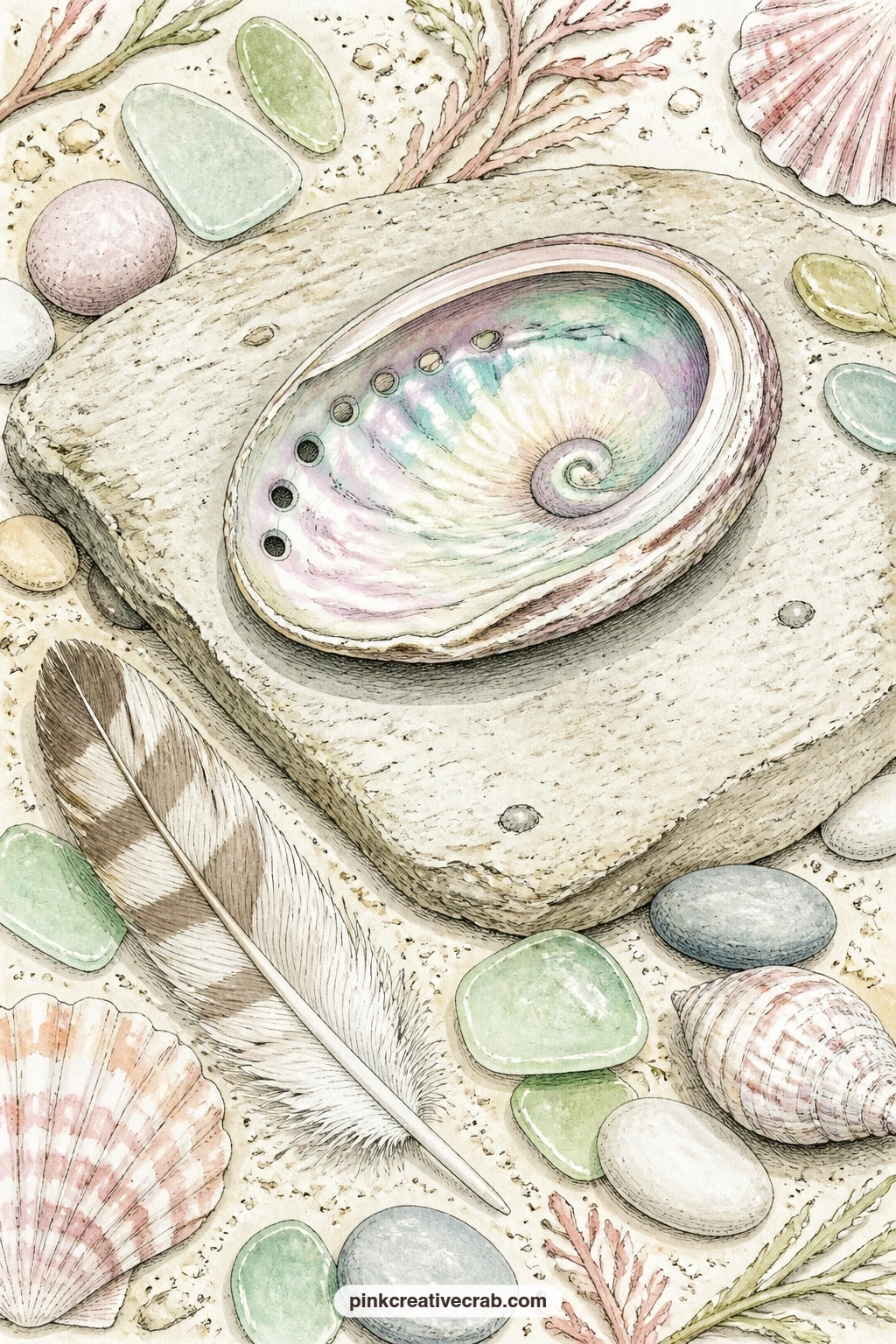 Abalone On A Sandy Rock printable page — An abalone shell catches the light beside sea glass, smooth pebbles and a single feather resting on a sandy rock, its