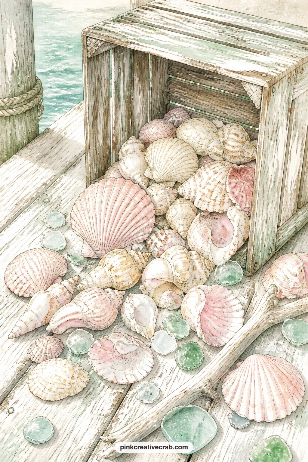 Shells From A Weathered Crate printable page — Try tearing the edge of this page roughly by hand before gluing it in, since shells spilling from a wooden crate