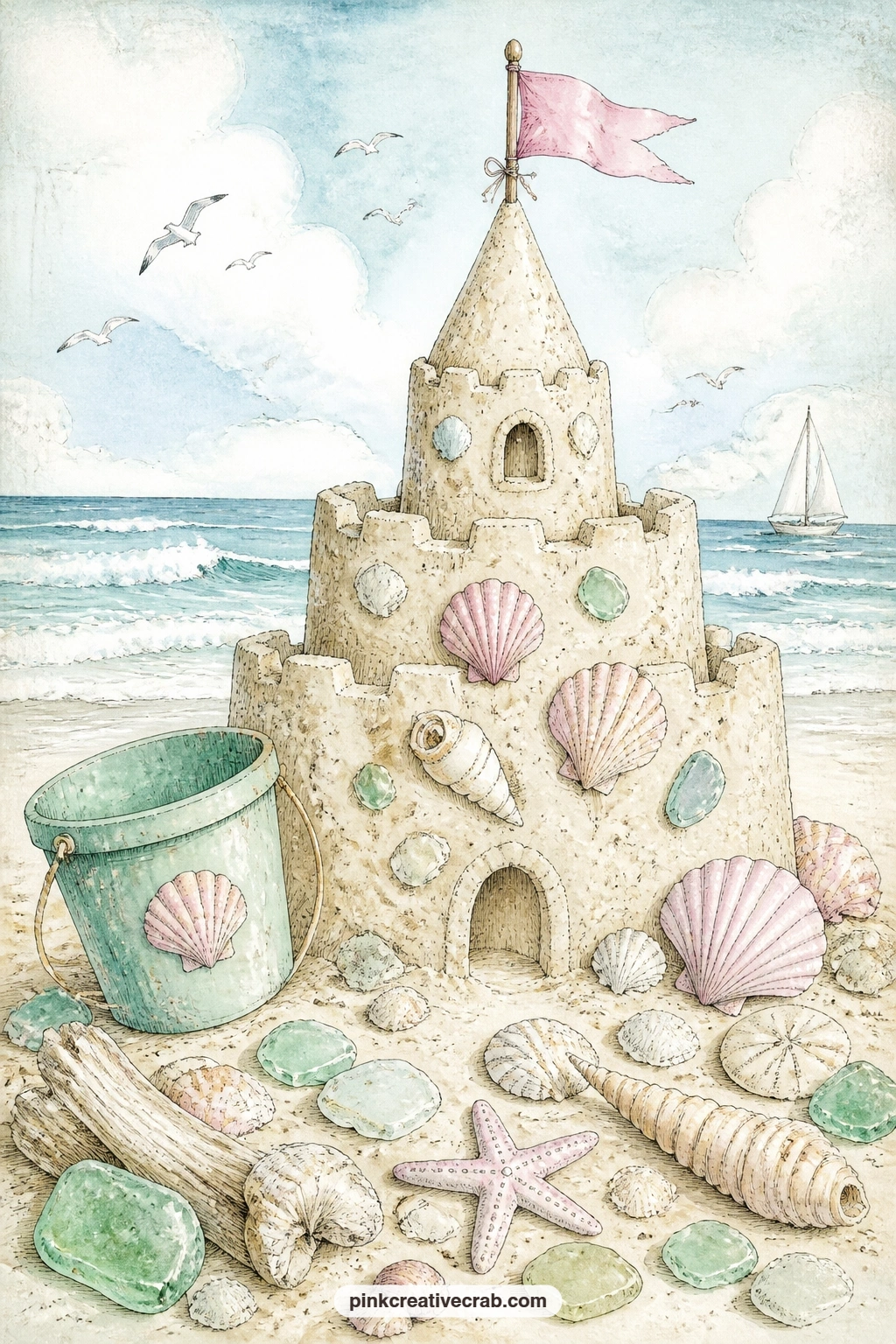 Sandcastle With A Little Flag printable page — A sandcastle decorated all over with shells, topped with a little paper flag and a pail set beside it, brings a