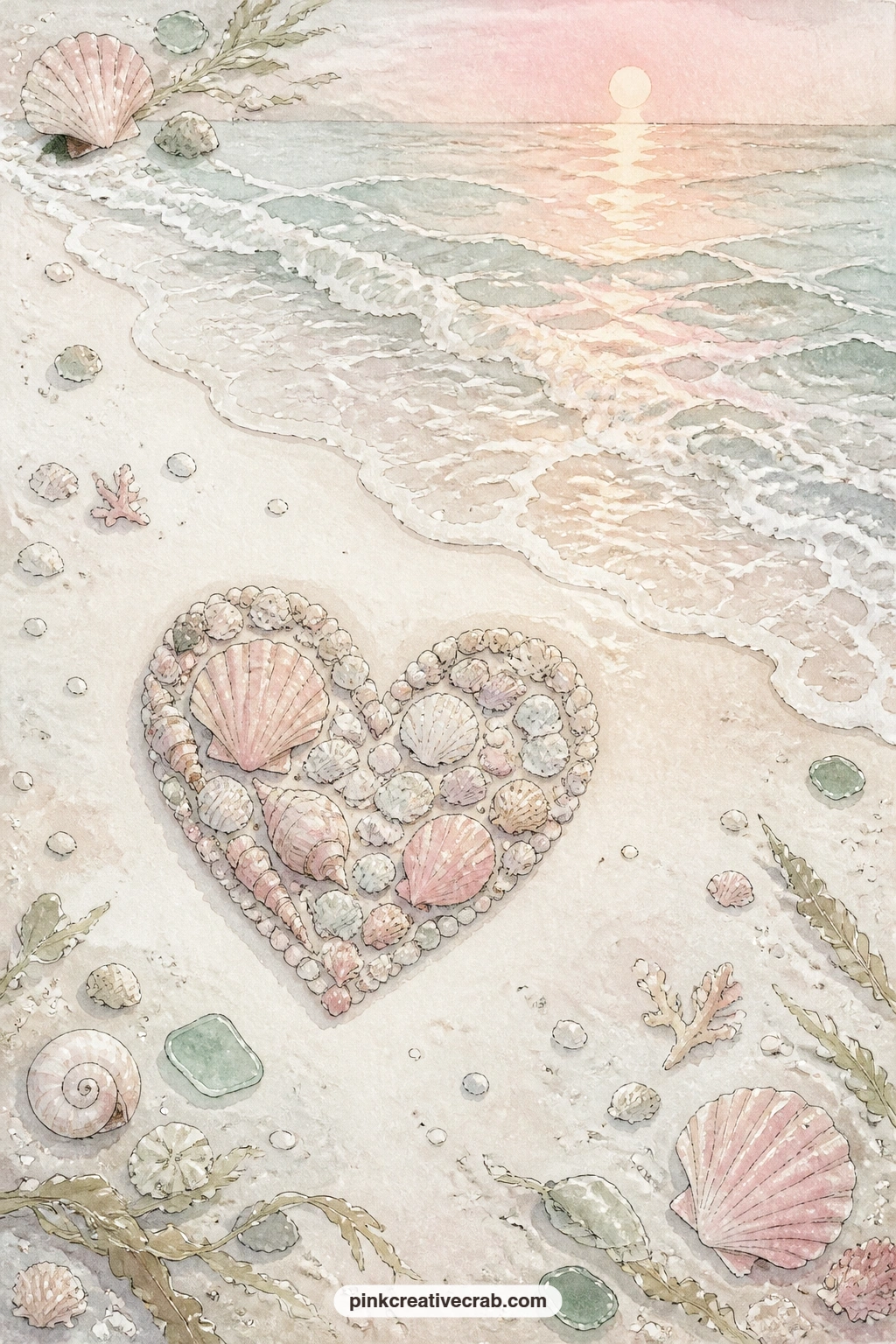Heart Of Shells At Sunrise printable page — This page suits anyone making a journal as an anniversary or wedding gift, since a heart-shaped arrangement of
