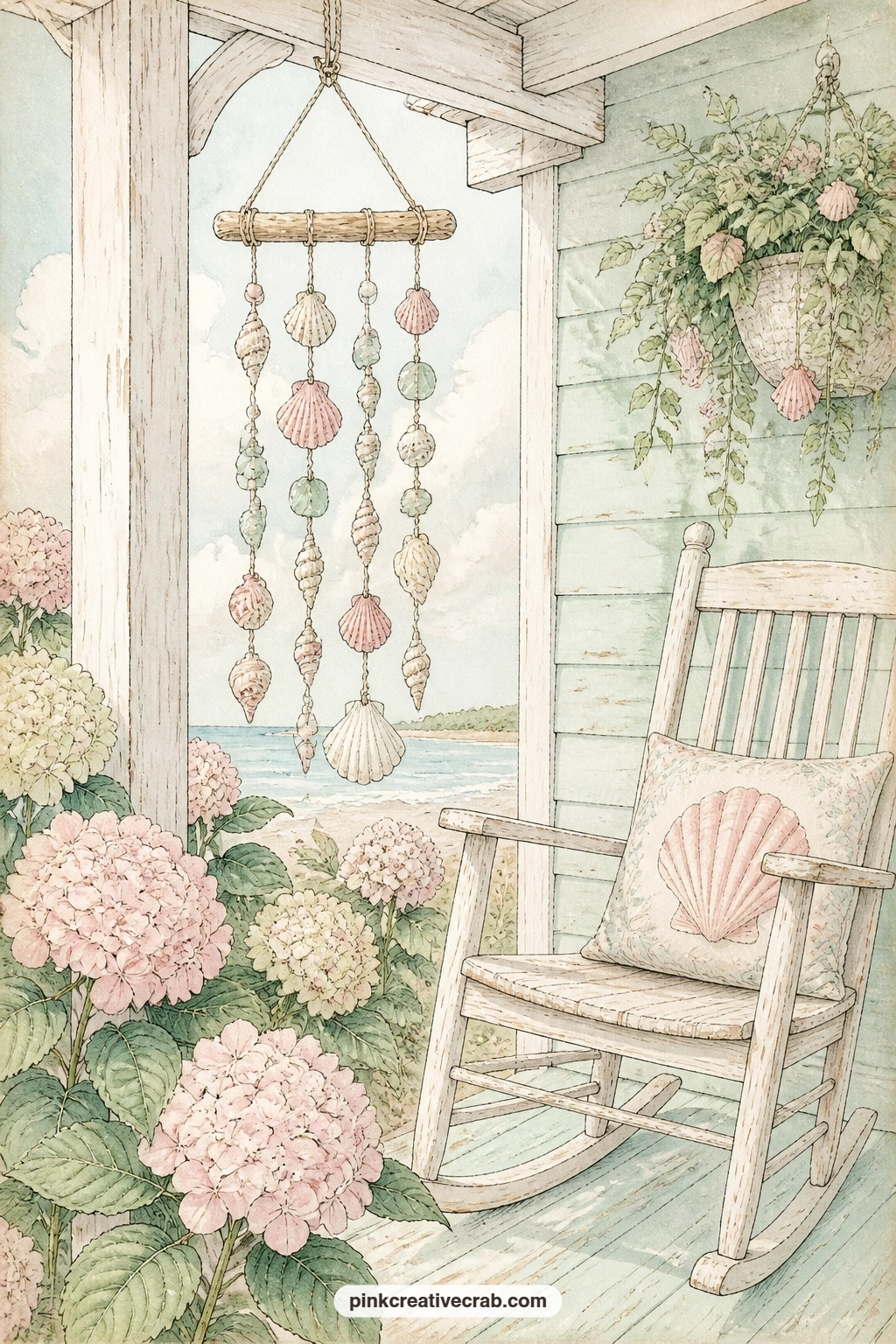 Wind Chime On The Porch printable page — A shell wind chime hangs from a porch beam with hydrangeas blooming nearby and a rocking chair waiting below it, the