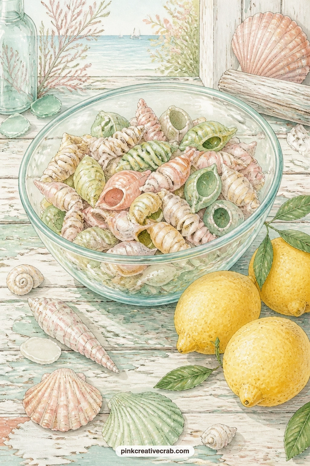 Auger And Olive Shells With Lemons printable page — Auger and olive shells fill a glass bowl set beside a few lemons on a kitchen table, an unexpected but