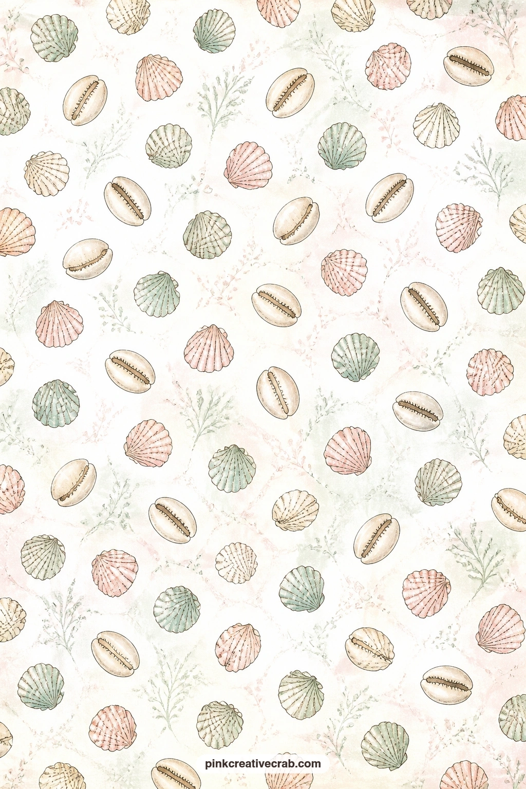Scallop And Cowrie Toss Pattern printable page — Use this scattered toss of tiny scallop and cowrie shells as a pocket lining tucked behind a flap, a backing