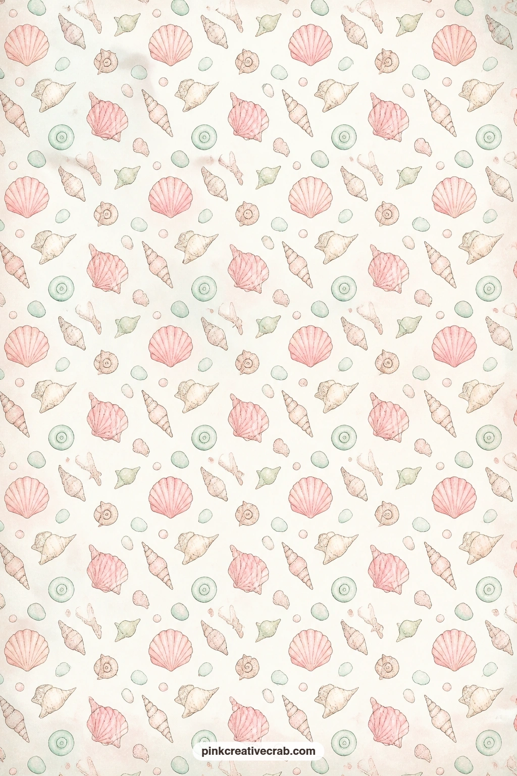 Pastel Seashell And Starfish Pattern printable page — This soft all-over mix of seashells and tiny starfish works well behind a cluster of beach snapshots, as