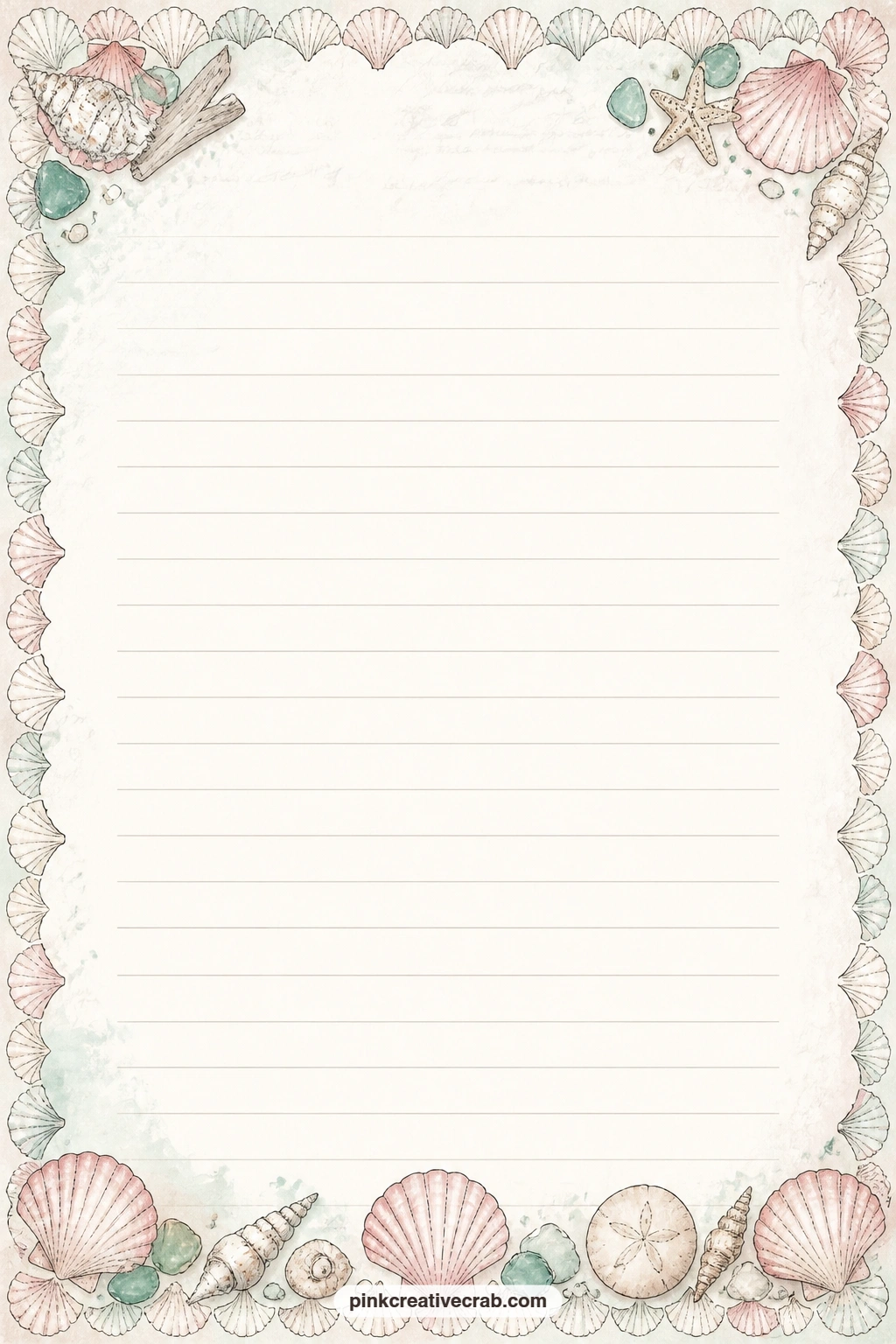 Scallop Shell Edge Lined Page printable page — A line of small scallop shells runs along the bottom edge of this page, leaving the ruled lines free for a gift