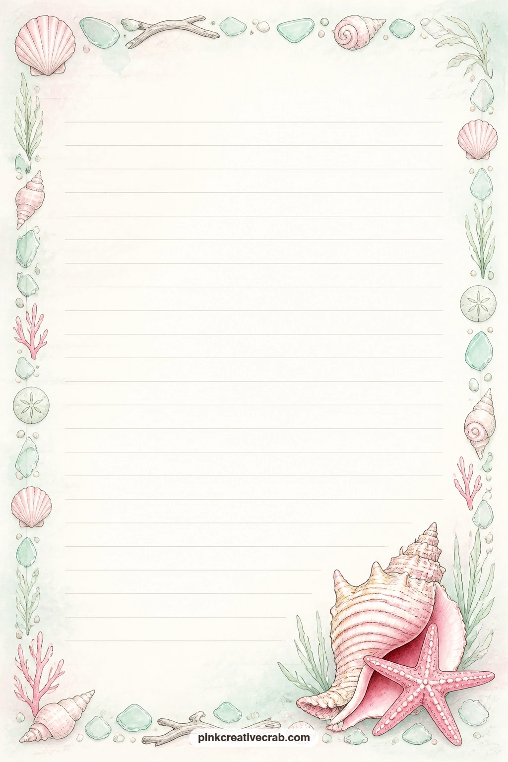 Conch And Starfish Corner Lined Page printable page — Small conch shells and a starfish fill one corner of this page, so use the open lines for a beach day