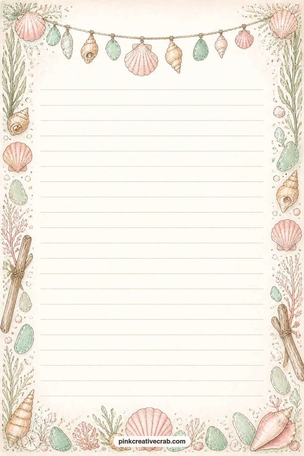Seashell Garland Header Lined Page printable page — A garland of small shells strung across the top of the page frames the lines below, perfect for a holiday
