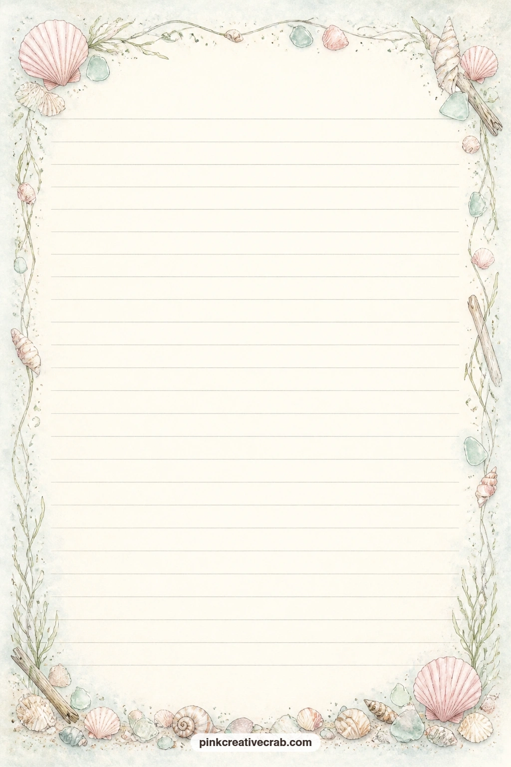 Tide Line Shell Border Lined Page printable page — A thin border of shells follows the bottom of the page like a tide line, leaving plenty of room above for a