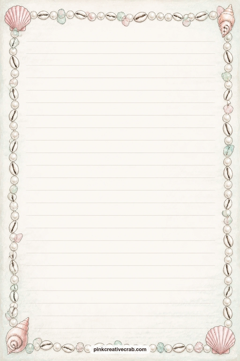 Pearl And Cowrie Frame Lined Page printable page — Pearls and small cowrie shells frame all four edges of this page, so save the lined centre for a letter to