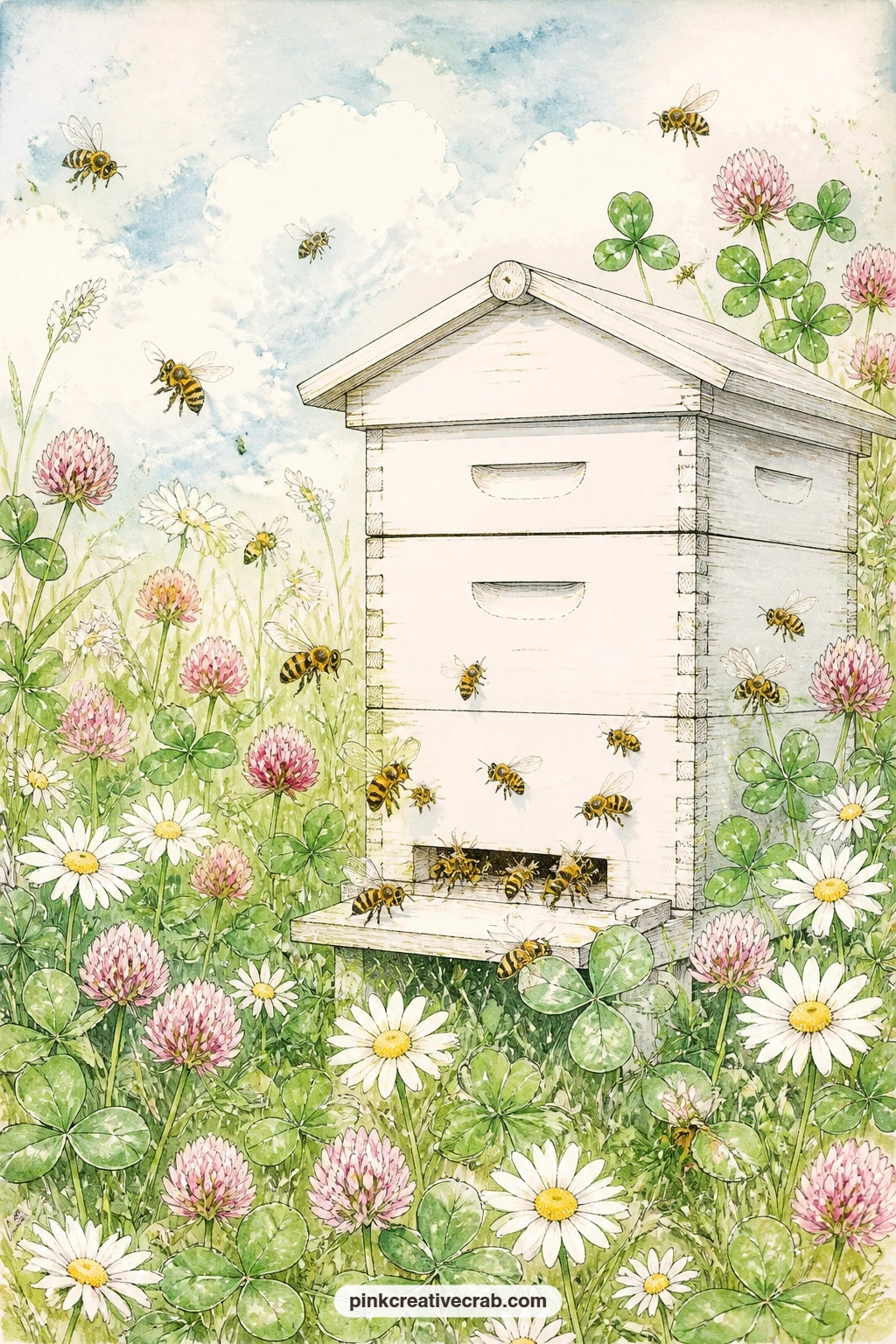 Hive In The Clover Meadow printable page — Honeybees circle a white wooden hive set deep in a clover meadow scattered with daisies, bright under an open summer