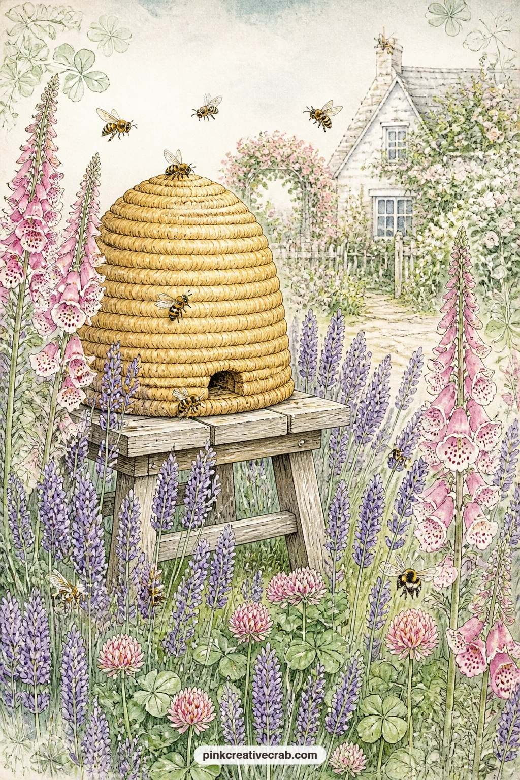 Skep Hive Among Lavender printable page — Pair this page with the lavender sprig background paper later in the set, slipping it just behind this scene so the