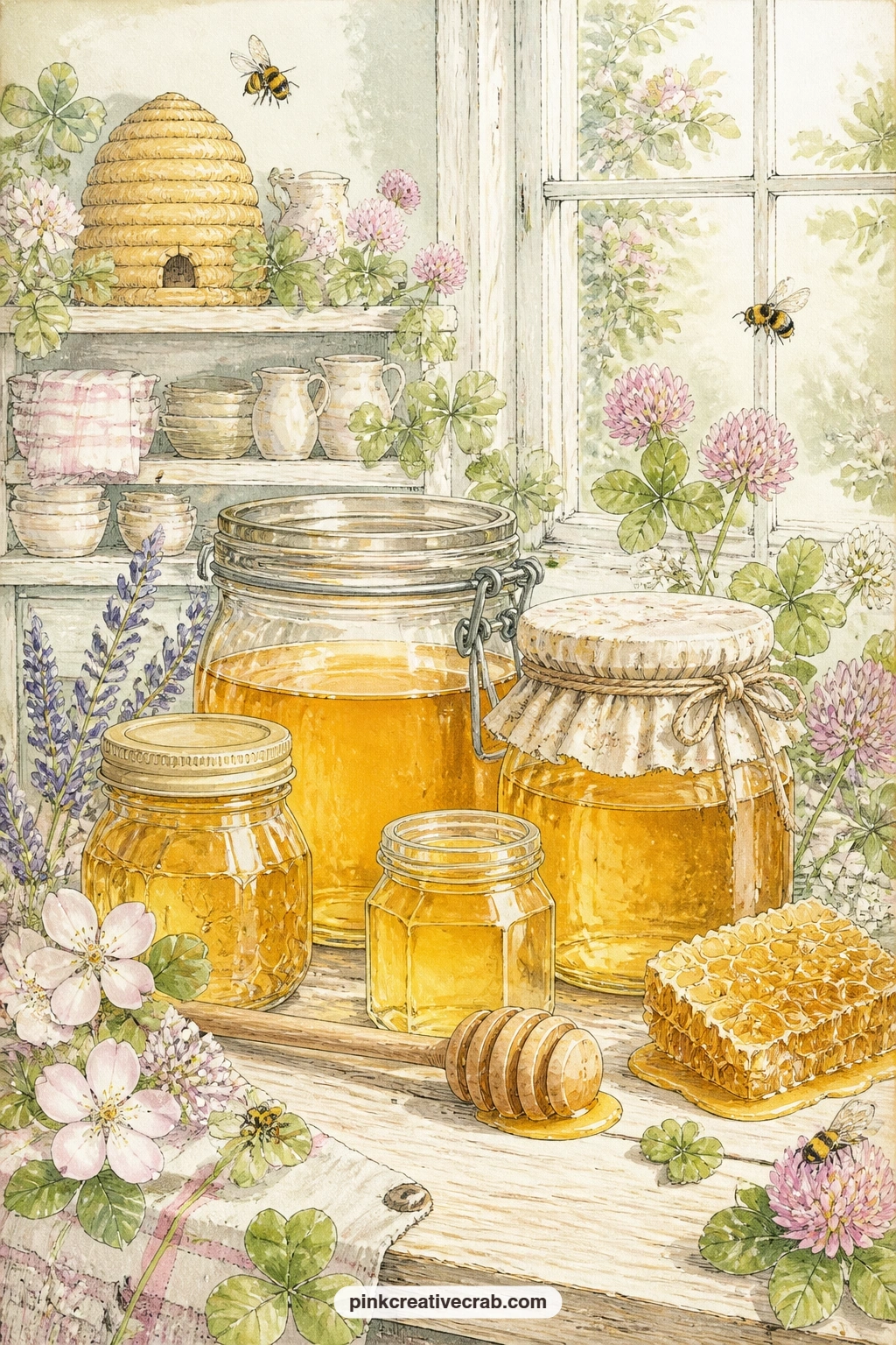 Honey Jars On The Table printable page — Glue in a real honey label clipping, a pressed clover leaf or a handwritten recipe card tucked beside the jars on this