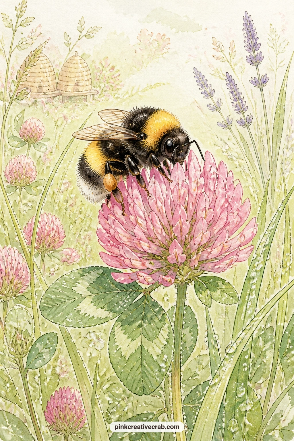 Bumblebee On Clover printable page — A bumblebee rests low on a pink clover blossom catching dewdrops along the grass blades around it. Bee junk journal